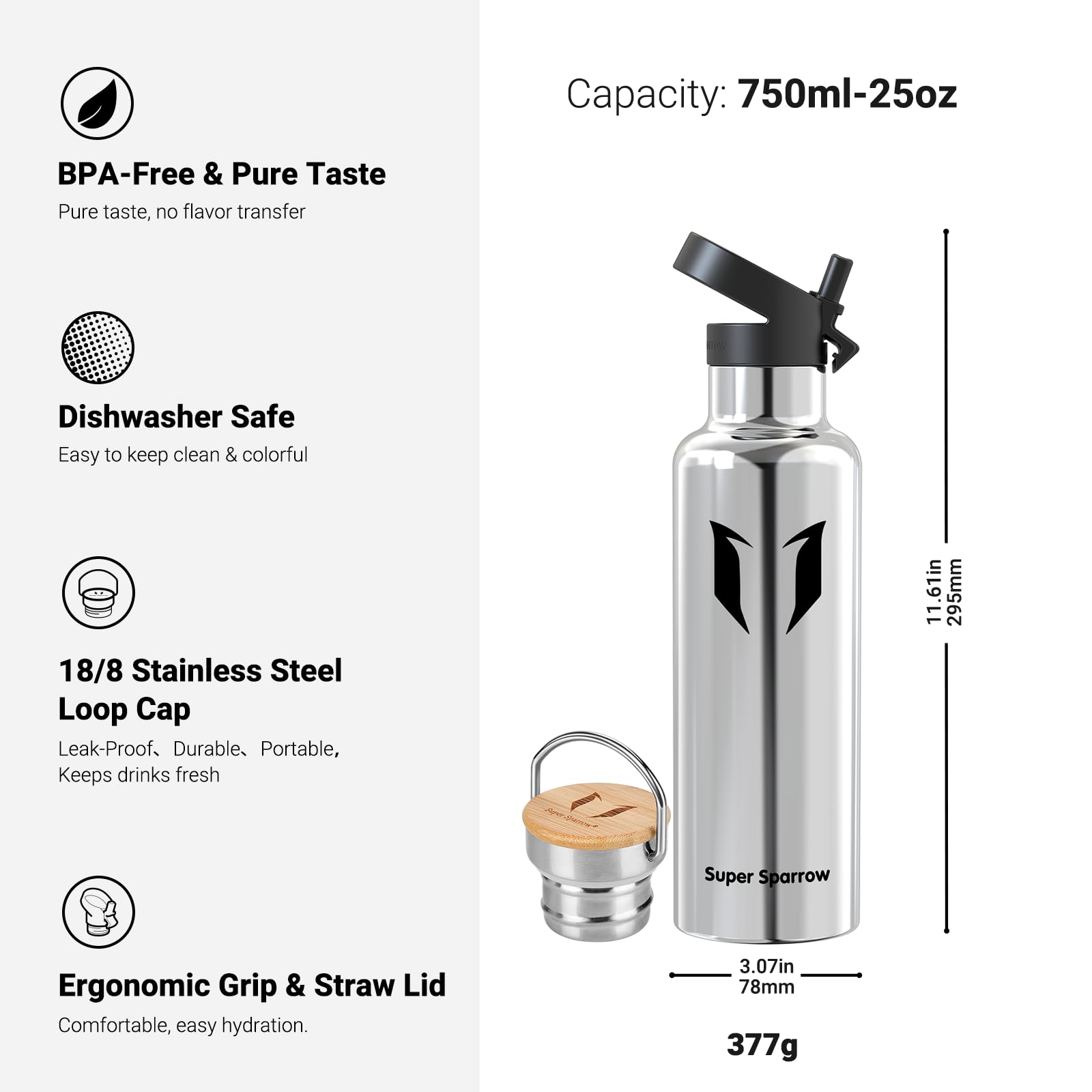 Super Sparrow 750ml Vacuum Insulated Stainless Steel Water Bottle - BPA Free Leakproof Metal Flask with Straw - Standard Mouth Thermos for Gym, Hiking, Travel & Sports - Keeps Drinks Hot/Cold for 24 Hours