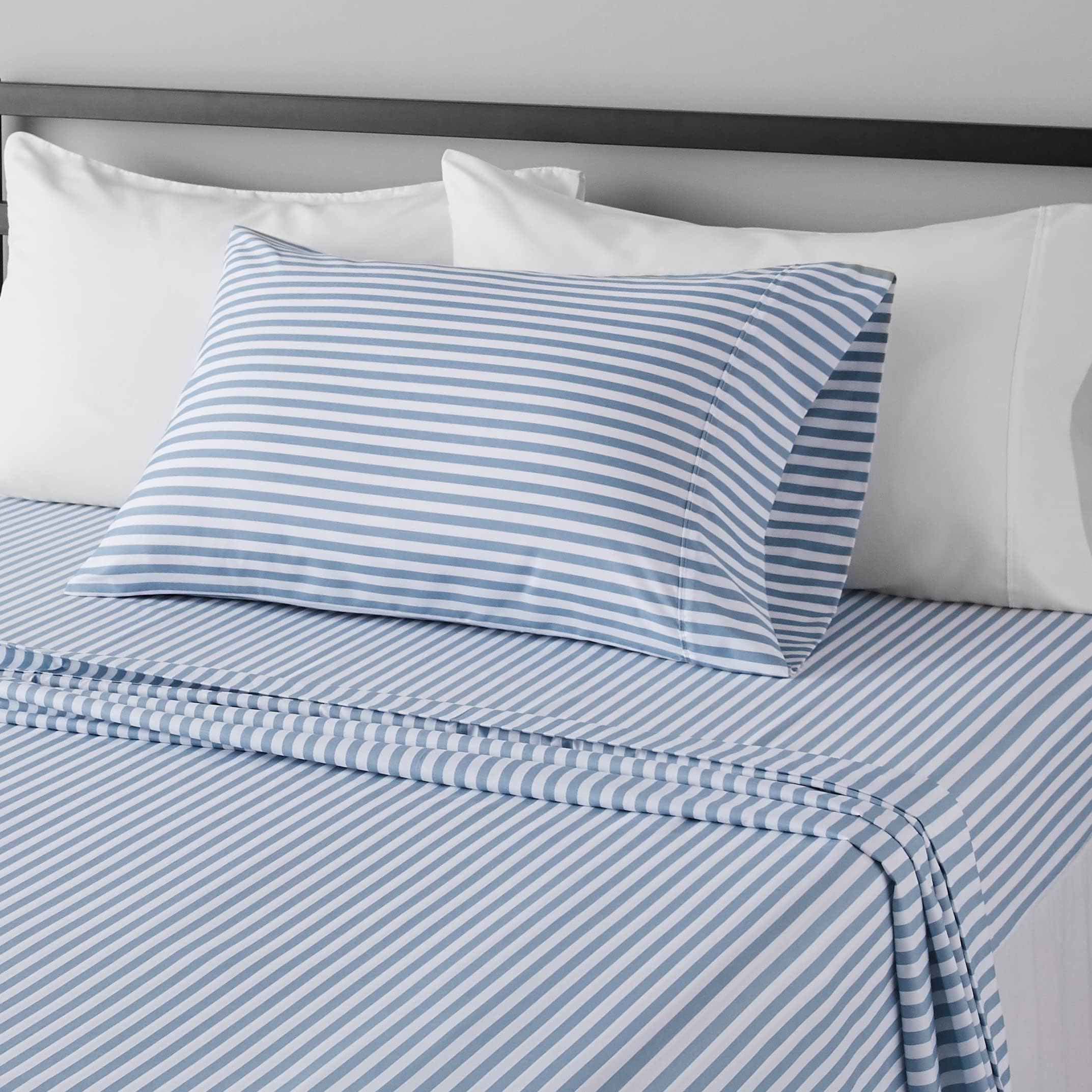 Amazon Basics Soft, Wrinkle-Free, Breathable Twin Size Bed Sheets - Deluxe Microfiber 3-Piece Set, Easy Care, Blue Pinstripe - Perfect for Dorms, Guest Rooms & Cozy Bedrooms