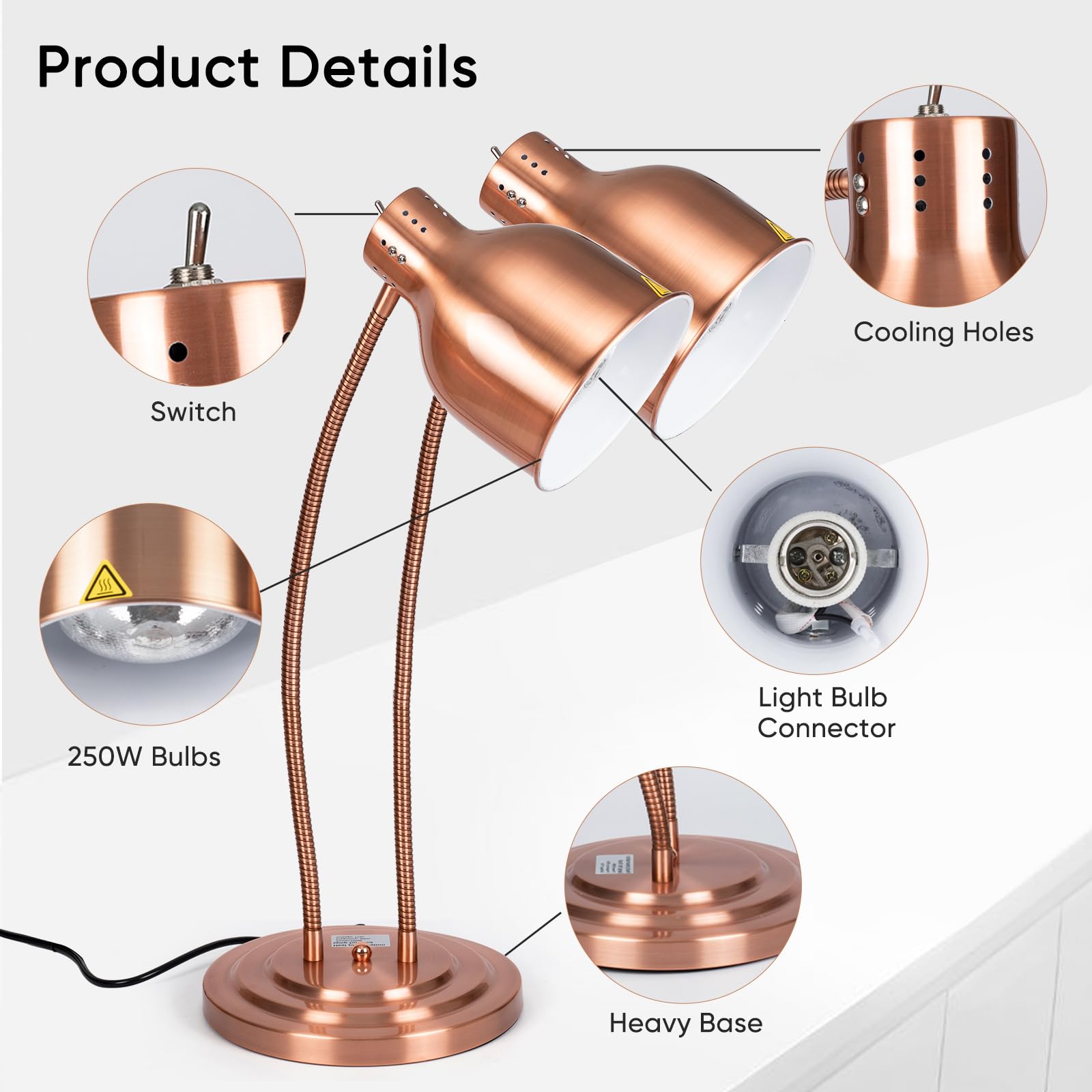 Commercial Food Warming Lamp - Soko Dual 250W Heat Lamp with 360° Adjustable Head for Buffets, Restaurants & Home Kitchens | Rose Gold Food Warmer for Parties, Catering & Food Display