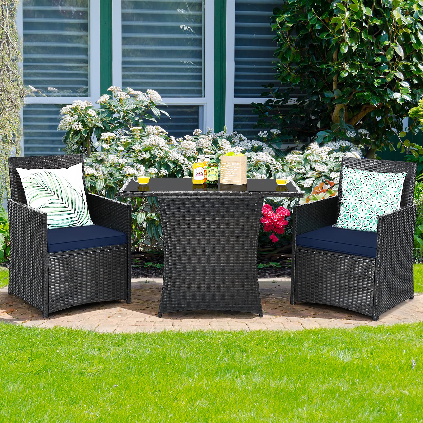 Tangkula 3-Piece Outdoor Dining Set - Space-Saving PE Rattan Bistro Set with Tempered Glass Table & Cushioned Chairs - Perfect for Garden, Backyard, Poolside, Patio, Porch & Balcony (Blue) | Weather-Resistant Outdoor Furniture for Relaxing & Entertaining