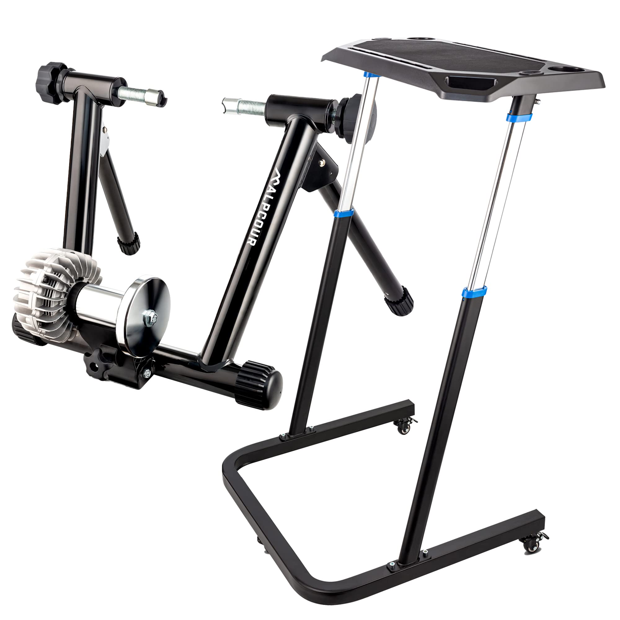 Alpcour Indoor Bike Trainer Stand - Portable Stainless Steel Fluid Trainer with Noise Reduction & Progressive Resistance - Dual-Lock System for Home Gym, Cycling Workouts & Multi-Tasking Fitness Desk