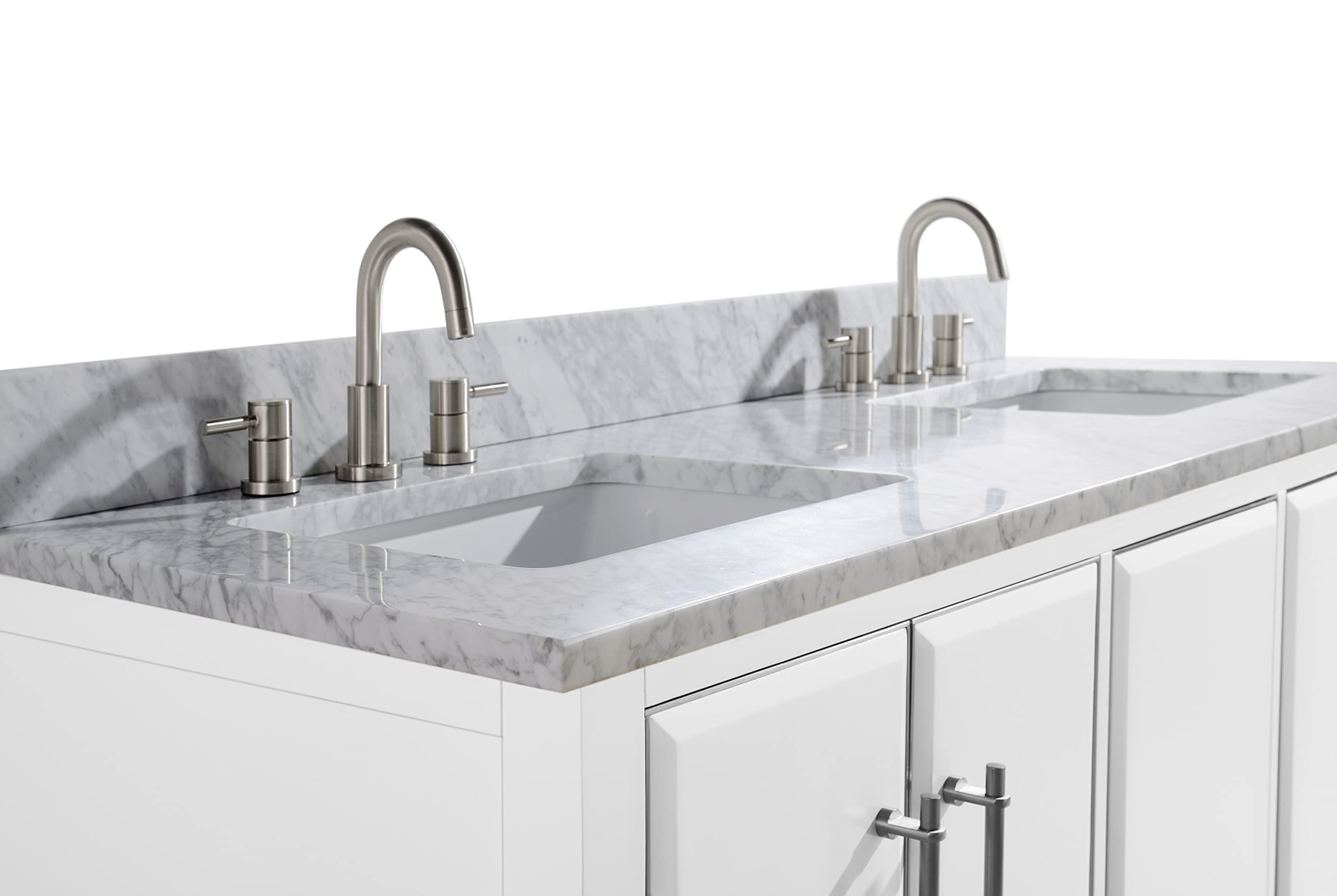 61-Inch White Bathroom Vanity Set with Silver Trim & Carrara White Marble Top - Modern Double Sink Vanity for Master Bathroom Remodel