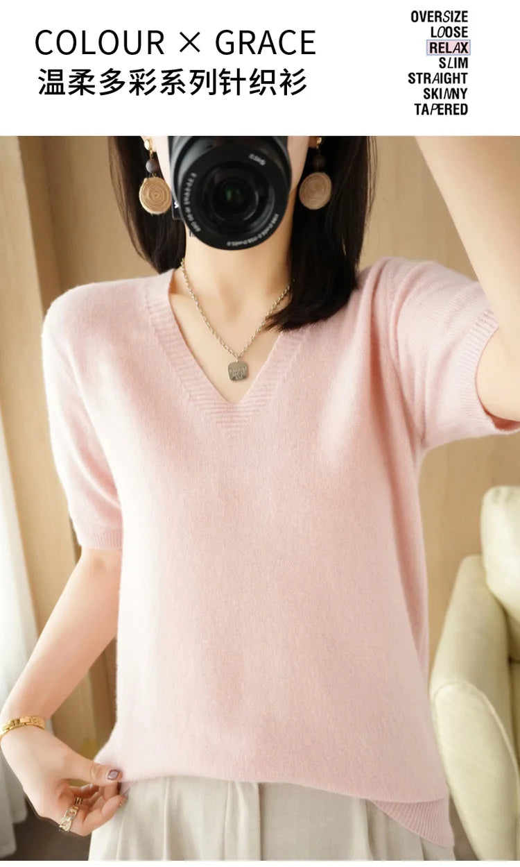 Solid Color V-Neck Half-Sleeve Cashmere Sweater for Women - Soft Thin Knit Casual Top for Office Wear & Fall Layering