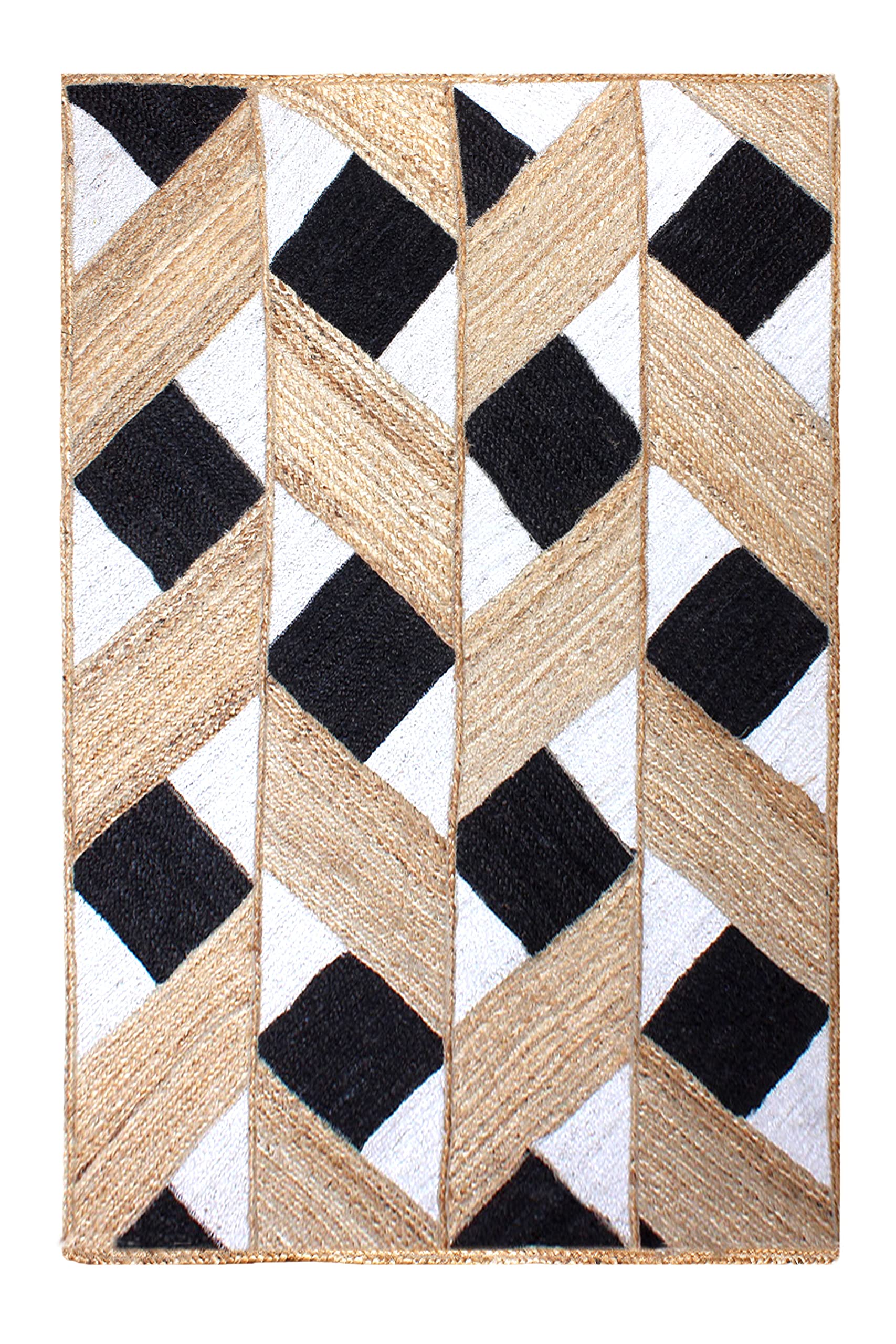 Hand Braided Geometric Beige & Black Area Rug - 4x4 Feet Square Boho Chic Decor for Hallway, Dining Room, Living Room, Bedroom & Kitchen | Soft & Durable Floor Mat for Home, Office & Airbnb Styling