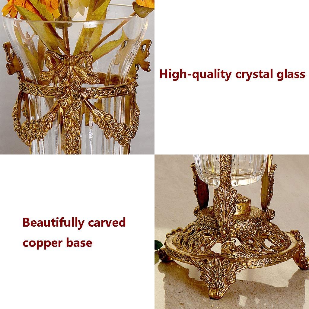 Luxury Crystal Glass Vase for Home & Office Decor - Handcrafted Carved Copper Base, Artificial Flower Arrangement Centerpiece - Clear 27x10cm - Perfect for Weddings, Living Room, Villa & Artwork Display