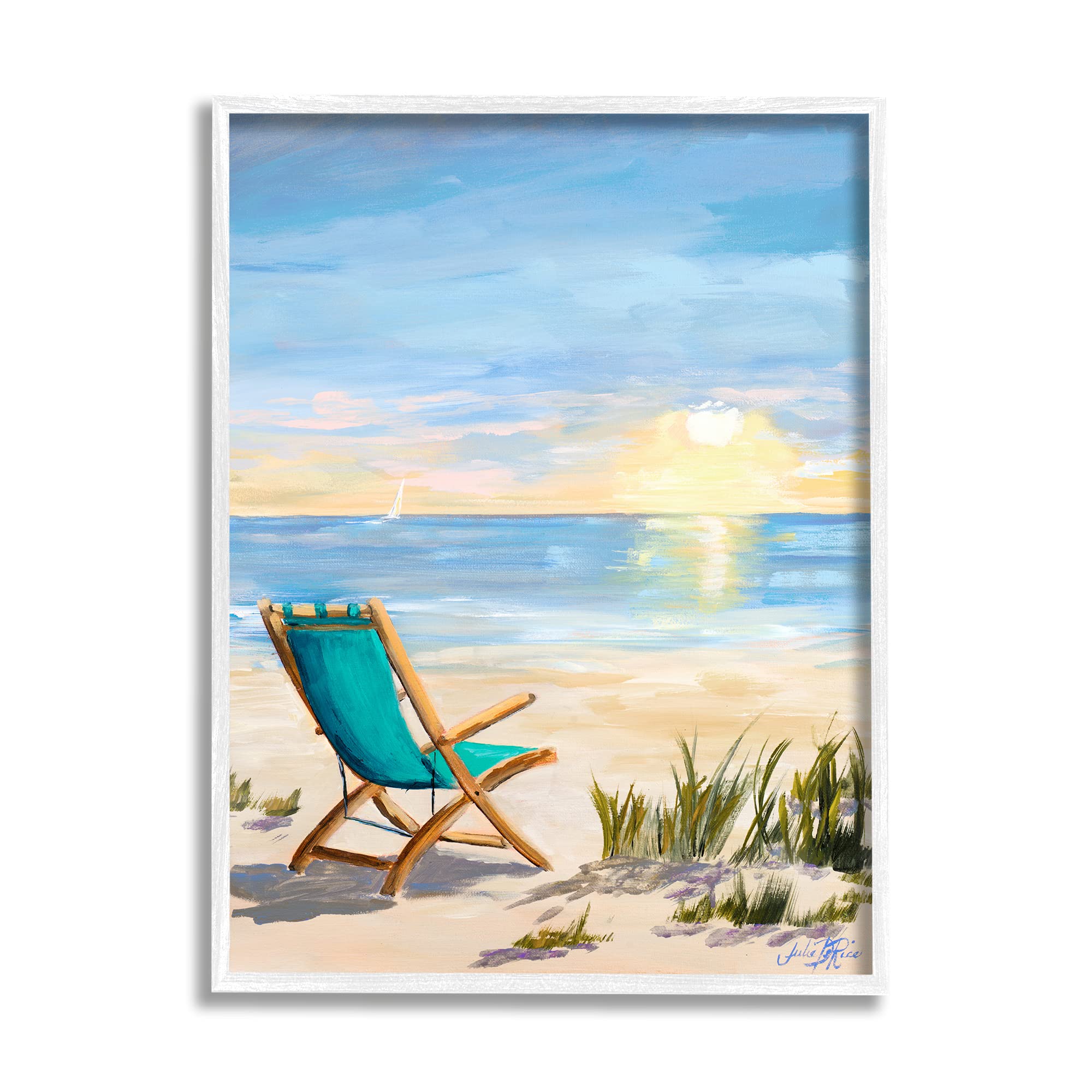 Stupell Industries Folding Chair Sunset Beach Landscape Summer Ombre Sky Wall Art - Designed by Julie DeRice - White Framed Coastal Decor - 24 x 30 Inches - Blue - Perfect for Beach House, Living Room & Office Decor