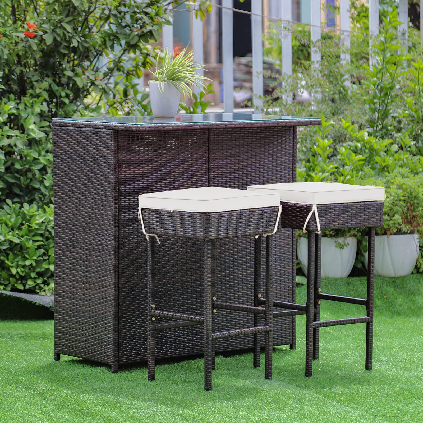RELAX4FLIE 3-Piece Outdoor Bar Set - Patio Wicker Bar Table & Chairs with Cushioned Stools, 2 Open Shelves & Tempered Glass Top - Rattan Bar Height Set for Poolside, Garden, Backyard, Deck & Outdoor Entertaining (Beige)