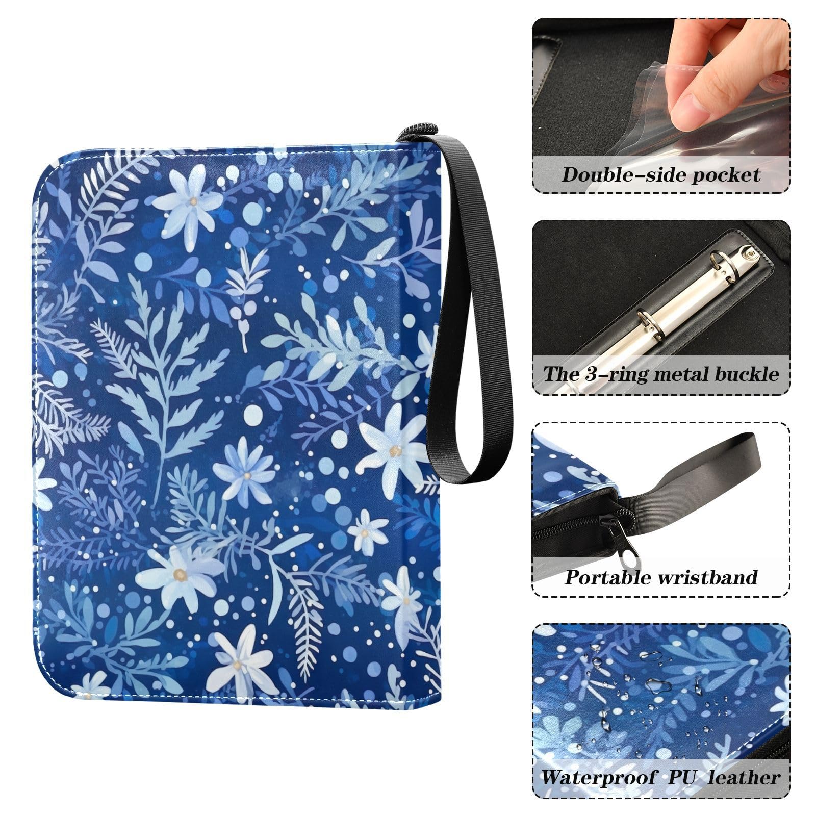 Christmas Snowflakes Winter Flowers 4-Pocket Trading Card Binder with 50 Sleeves - Holds 400 Cards, 3-Ring Album for Football, Baseball & Collectible Cards - Perfect for Storage, Organization & Display