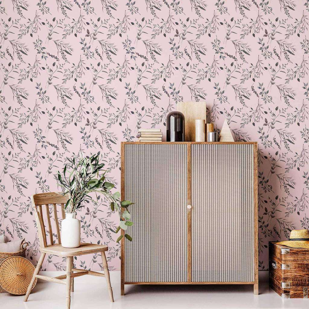 Pink Leaves Peel and Stick Removable Wallpaper 9814 - Self-Adhesive Decorative Wall Covering for Bedroom, Nursery, Living Room & Office Decor