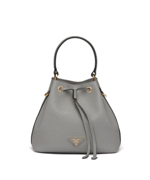 Prada Saffiano Leather Bucket Bag for Women - Luxury Gray Handbag with Top Handle & Shoulder Strap | Perfect for Work, Travel & Everyday Use