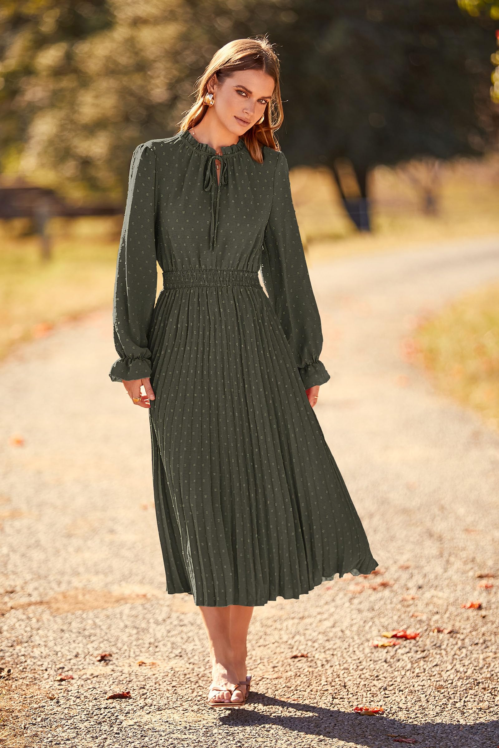 PRETTYGARDEN Women's 2025 Spring Fall Midi Dress - Casual Long Sleeve V-Neck Swiss Dot Pleated A-Line Flowy Dress for Work, Date Night & Special Occasions
