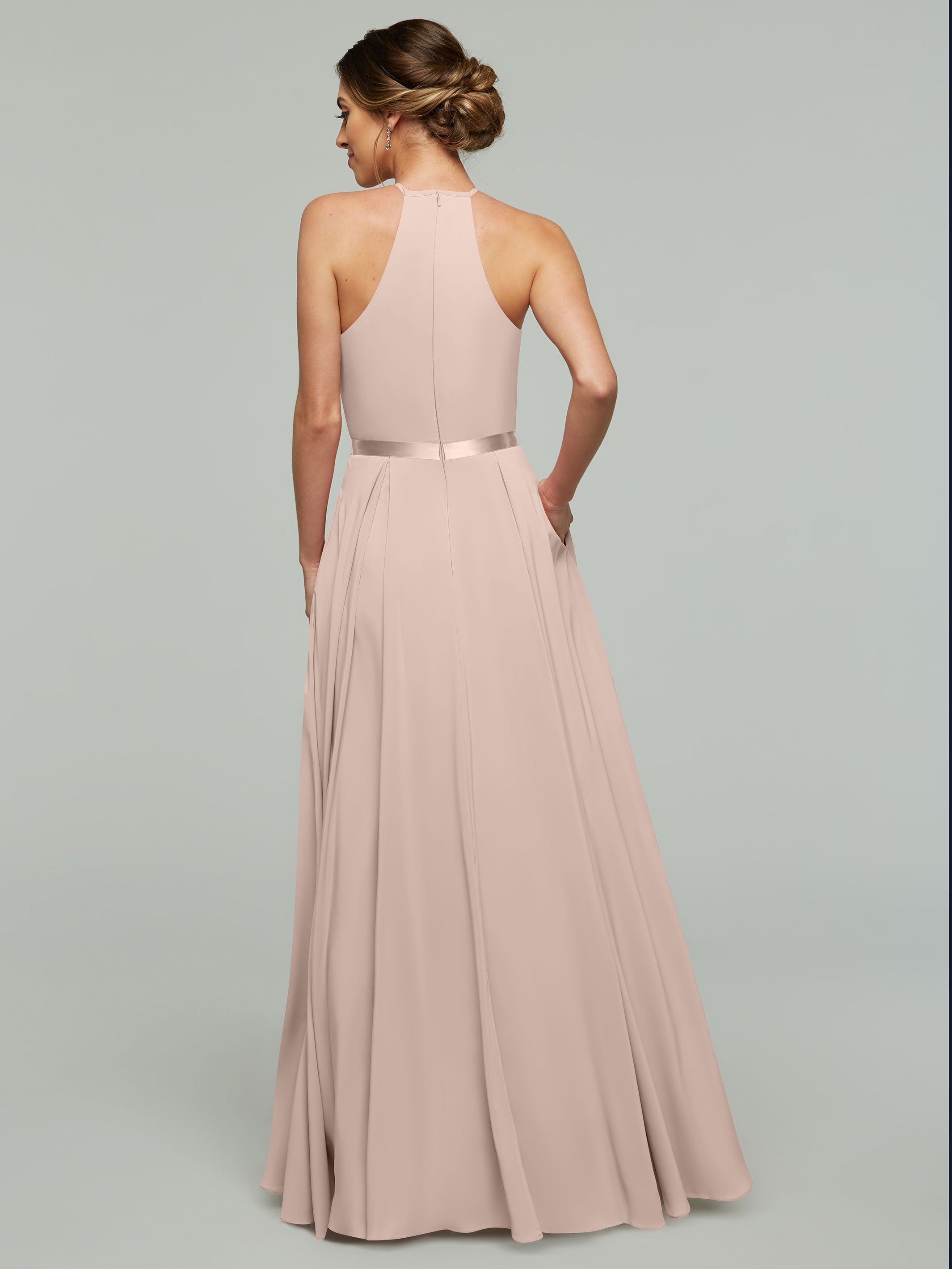Elegant A-Line Stretch Chiffon Bridesmaid Dress with Halter Neckline & Waist Belt - Perfect for Weddings, Formal Events & Special Occasions