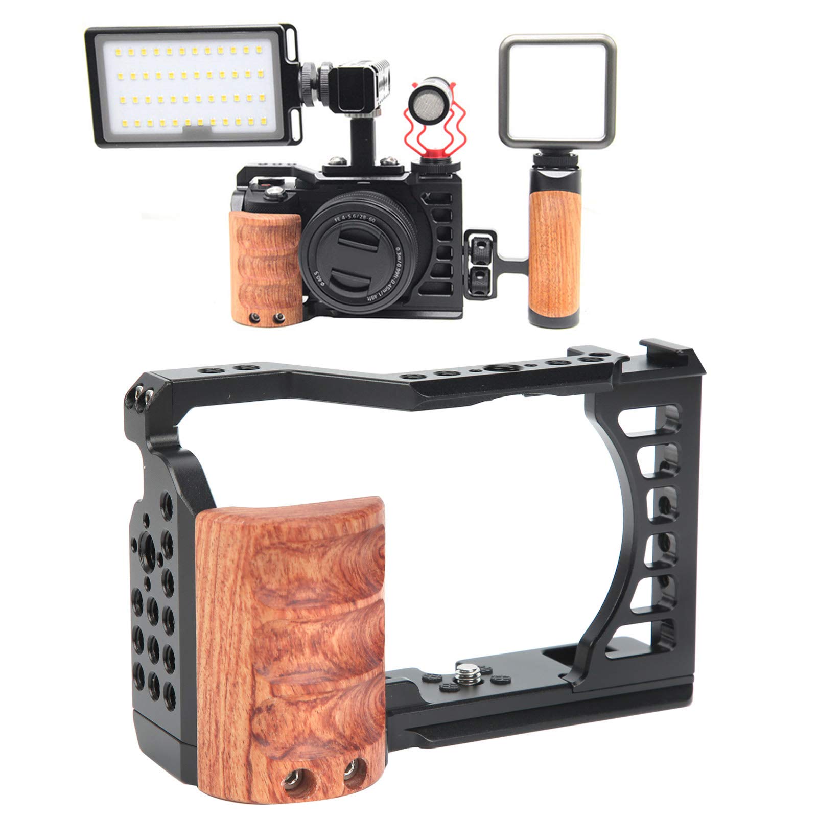 Professional Vlog Camera Cage for Sony A7C - Video Stabilizer Shooting Cage Kit with Ergonomic Wooden Handle Grip, 1/4in & 3/8in Screw Holes, Cold Shoe Mount - Perfect for YouTube Vlogging, Travel Filming & Content Creation