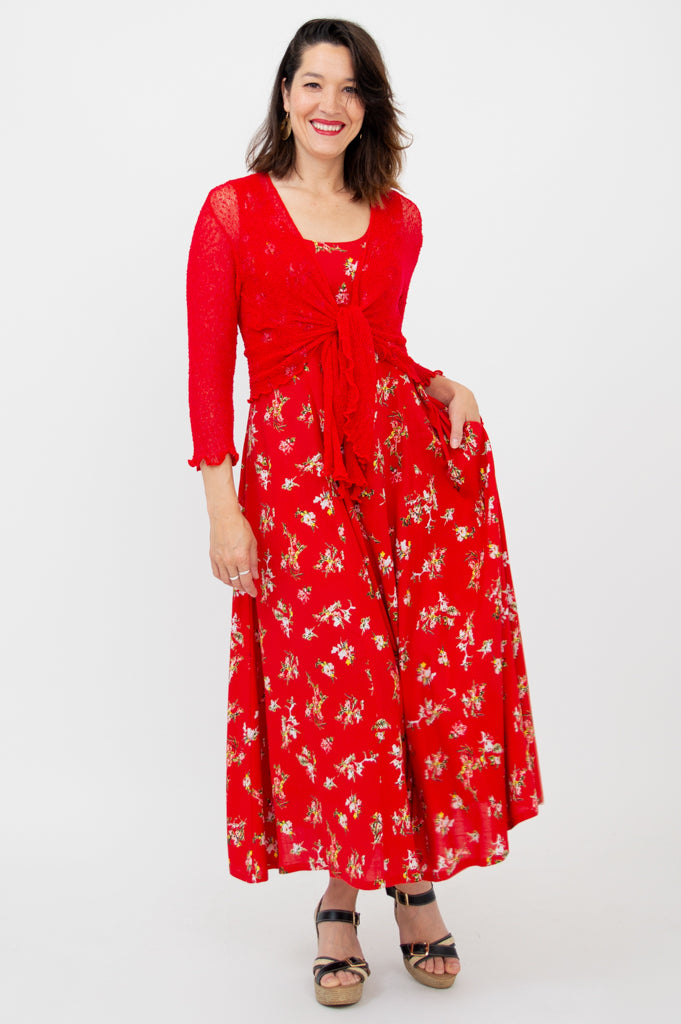 Elegant Sara Maxi Dress in Red Ditsy Print - Soft Linen Bamboo Blend - Perfect for Summer Vacations & Beach Weddings