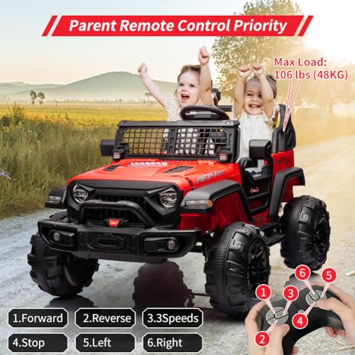GARVEE 24V Electric Ride On Truck for Kids - 2 Seater Remote Control Car with LED Lights, Music & Horn, Large Storage Space & Cup Holder - Toddler Toy Vehicle for Ages 3-8 (Red) | Perfect for Outdoor Play, Birthday Gifts & Family Fun Activities