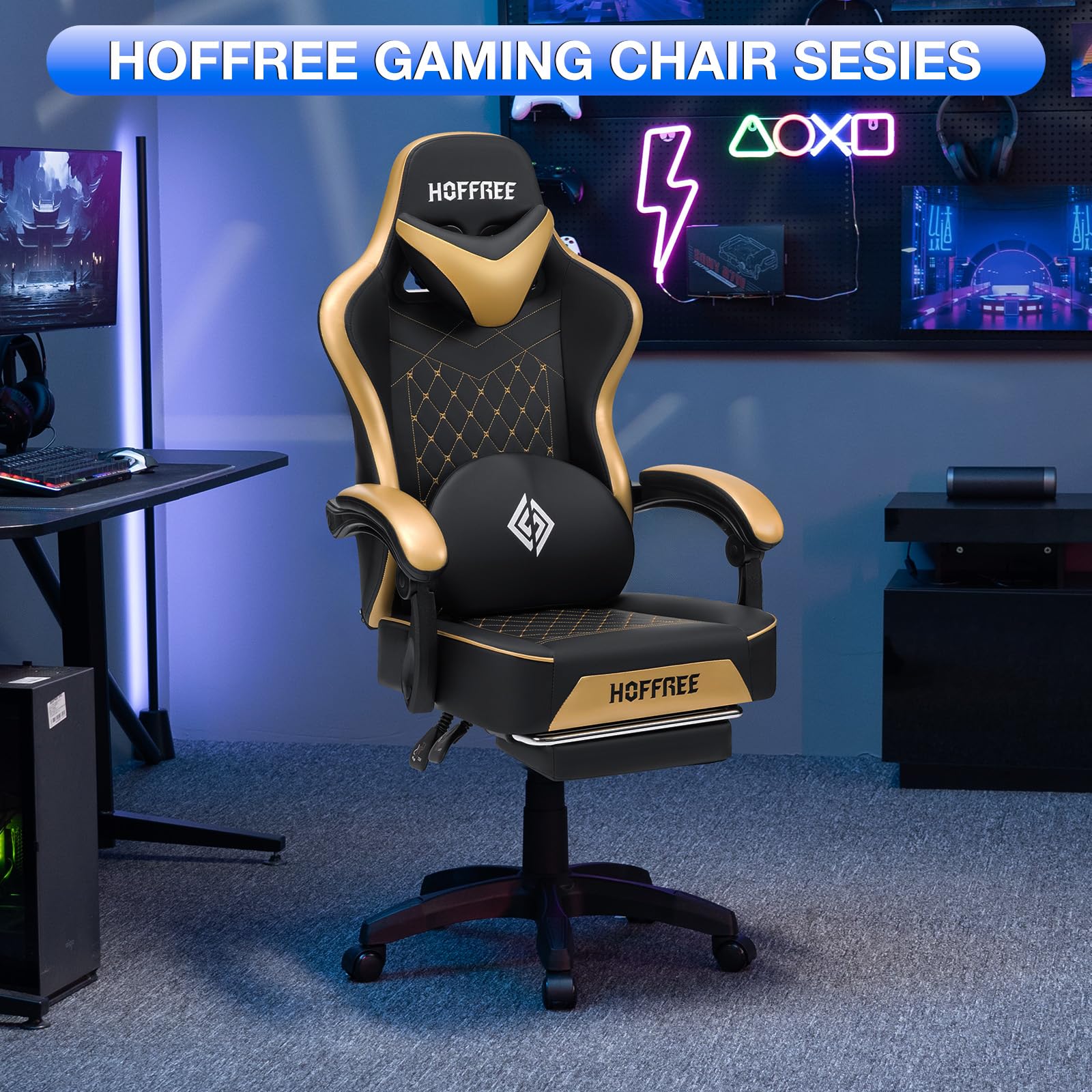 HOFFREE Ergonomic Gaming Chair with Bluetooth Speakers, Massage & Footrest - High Back Reclining Computer Chair for Adults, Gold and Black - Perfect for PC Gaming, Office Work & Home Entertainment
