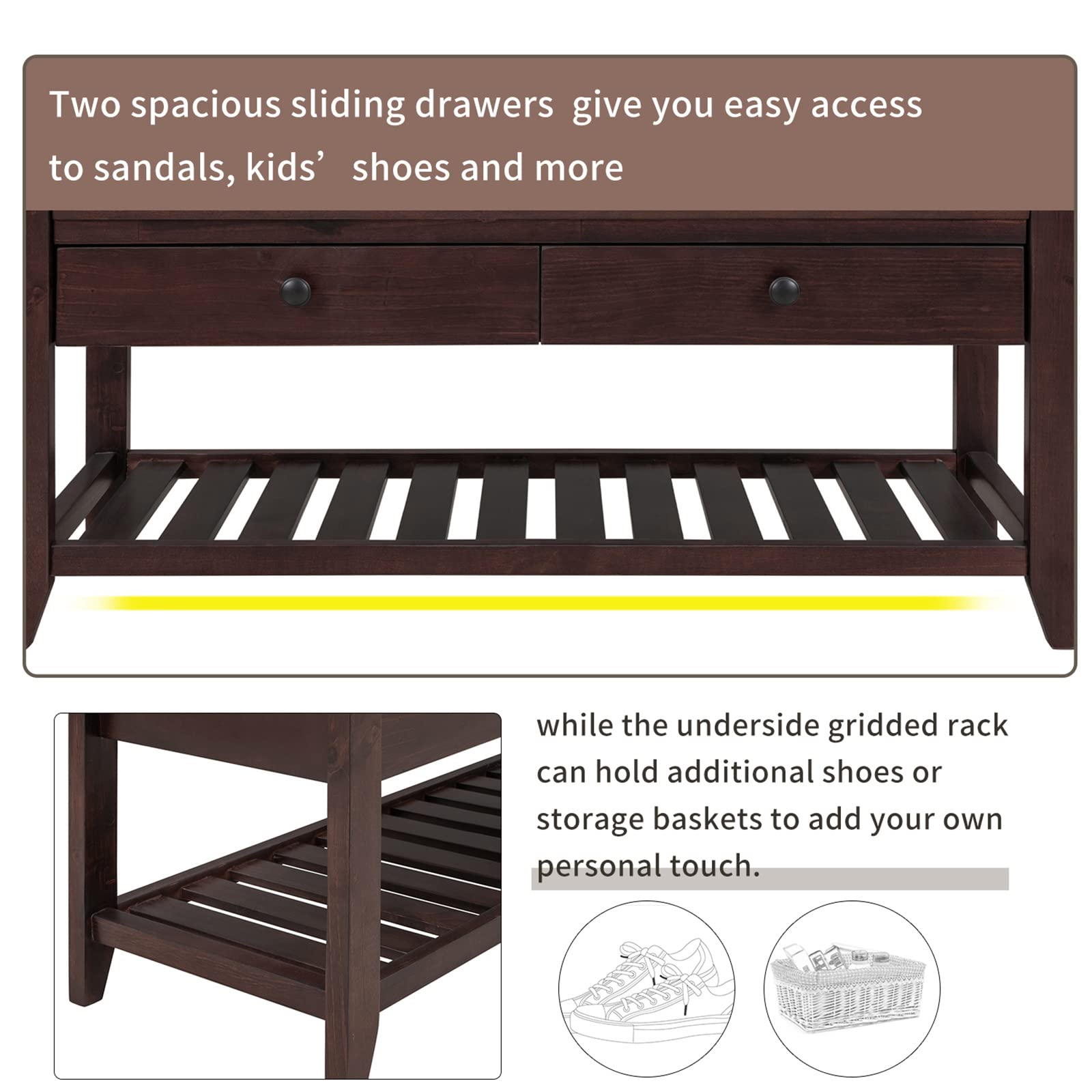 Wooden Shoe Storage Bench with Cushioned Seat & 2 Drawers - Multipurpose Entryway Organizer for Shoes, Living Room, Hallway & Bedroom - Espresso Finish for Home Decor & Practical Storage Solutions