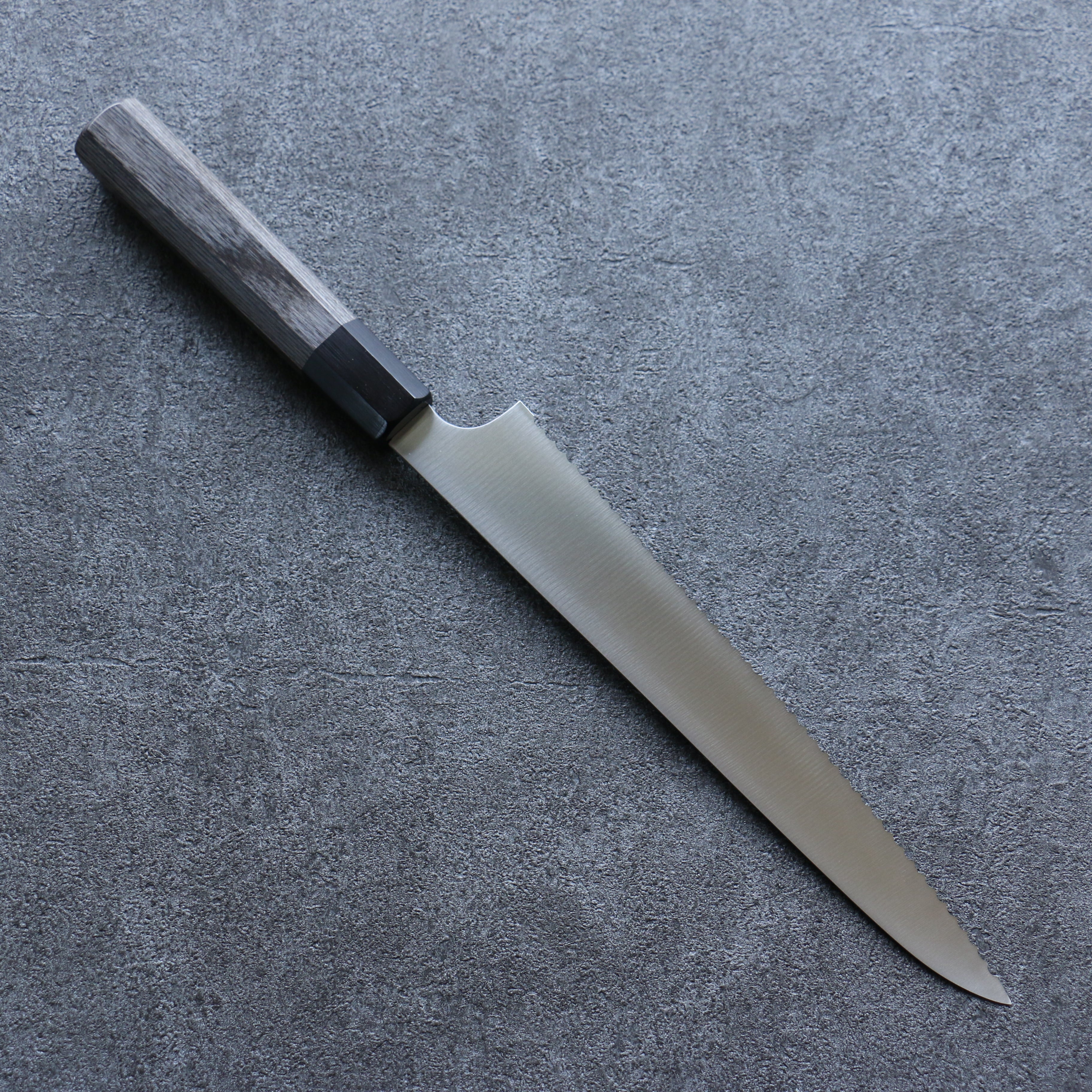 Seisuke 240mm Stainless Steel Bread Knife with Gray Pakka Wood Handle - Perfect for Slicing Bread, Cake, and Pastries at Home or Bakery