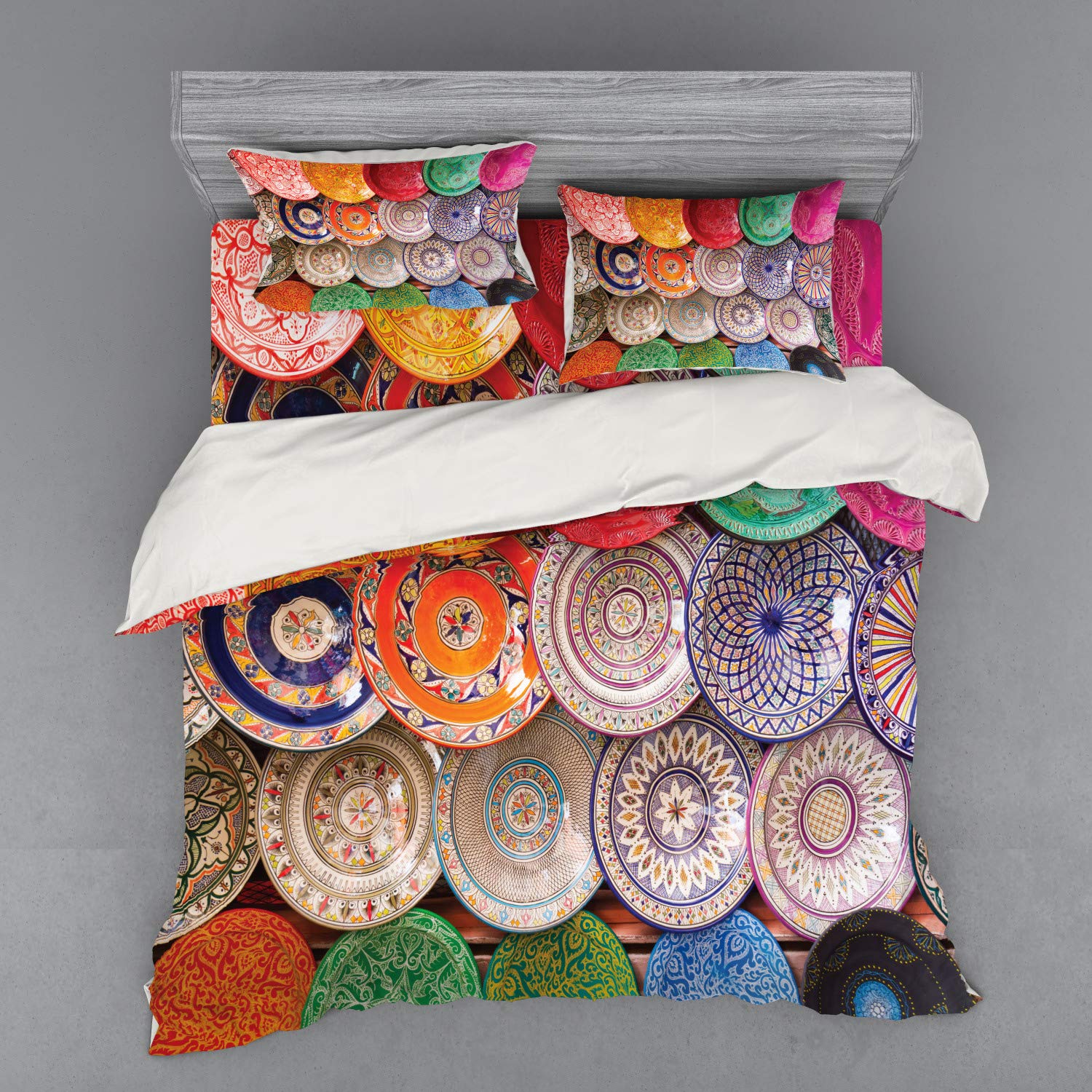 Ambesonne Moroccan Bedding Set 4-Piece King Size - Traditional Handcrafted Duvet Cover with Pillow Shams & Fitted Sheet - Colorful Marrakesh Market Design - Perfect for Boho Chic Bedroom Decor & Guest Room Makeover
