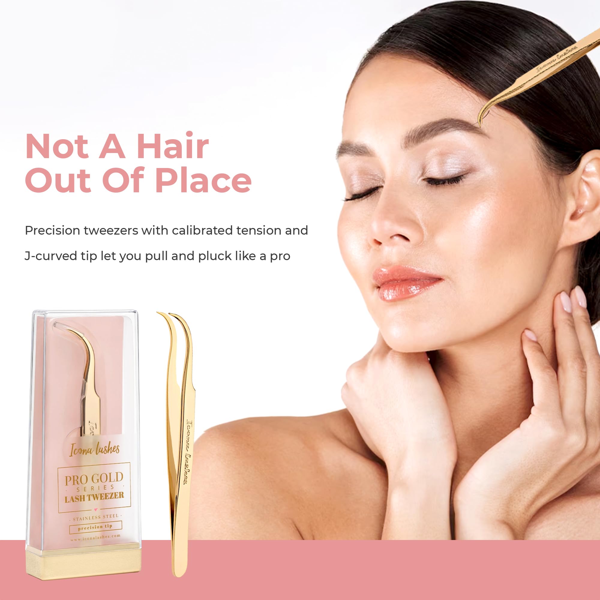 Professional J-Curved Hair Removal & Eyelash Tweezer - 24K Gold Plated Stainless Steel Precision Tweezers for Eyebrow Shaping, False Eyelash Application & Lash Extensions - Perfect for Salon, Home Use & Travel Beauty Kit