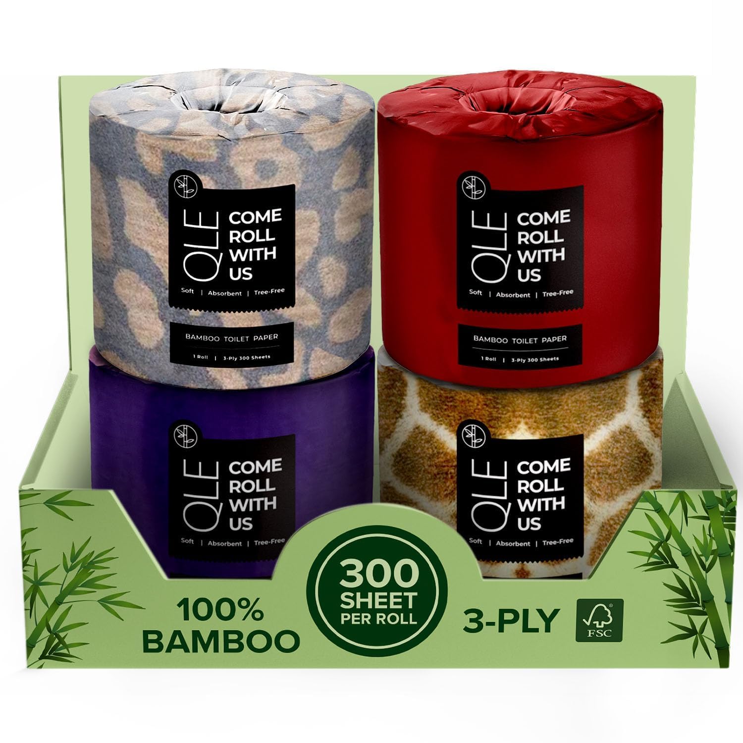 QLE 4-Pack 3-Ply Bamboo Toilet Paper | 300 Sheets per Roll | Organic, Hypoallergenic & Septic Safe | Soft, Compostable & Chemical-Free | Perfect for RV, Camping & Eco-Friendly Homes