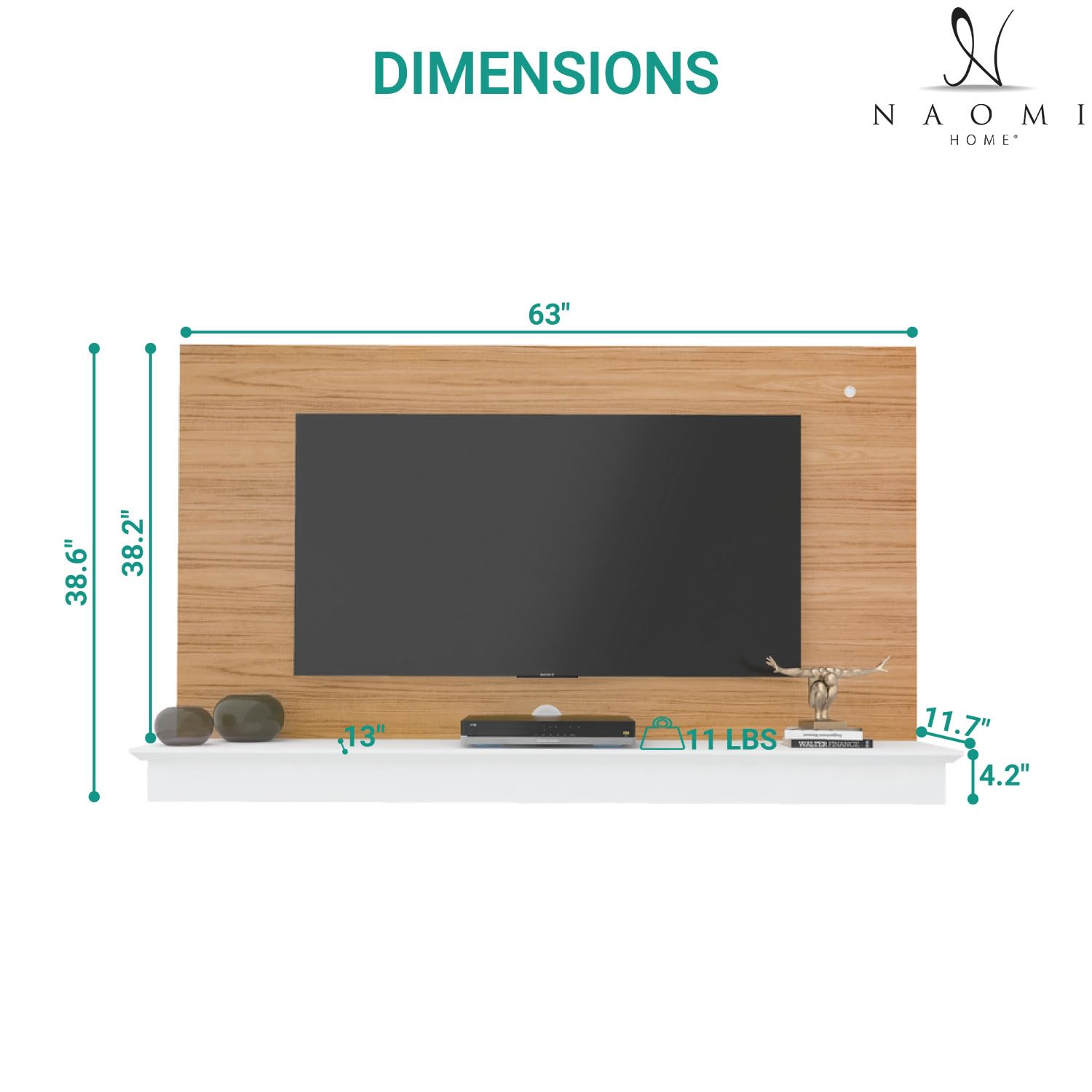 Naomi Home Deborah Floating TV Stand for 55 Inch TVs - Wall Mount Entertainment Center with LED Lights & Storage Shelf - Modern White & Natural Wood Finish - Perfect for Living Room, Bedroom & Home Theater Setup