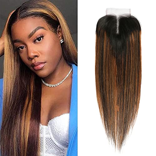 UNICE 10A Blonde Ombre 4x4 Lace Closure Human Hair Extensions - 100% Virgin Brazilian Remy Hair, Free Part Straight, Unprocessed with Brown Highlights (#FB30, 16 Inch) for Natural Look & Styling Versatility - Perfect for Daily Wear, Parties & Special Occasions
