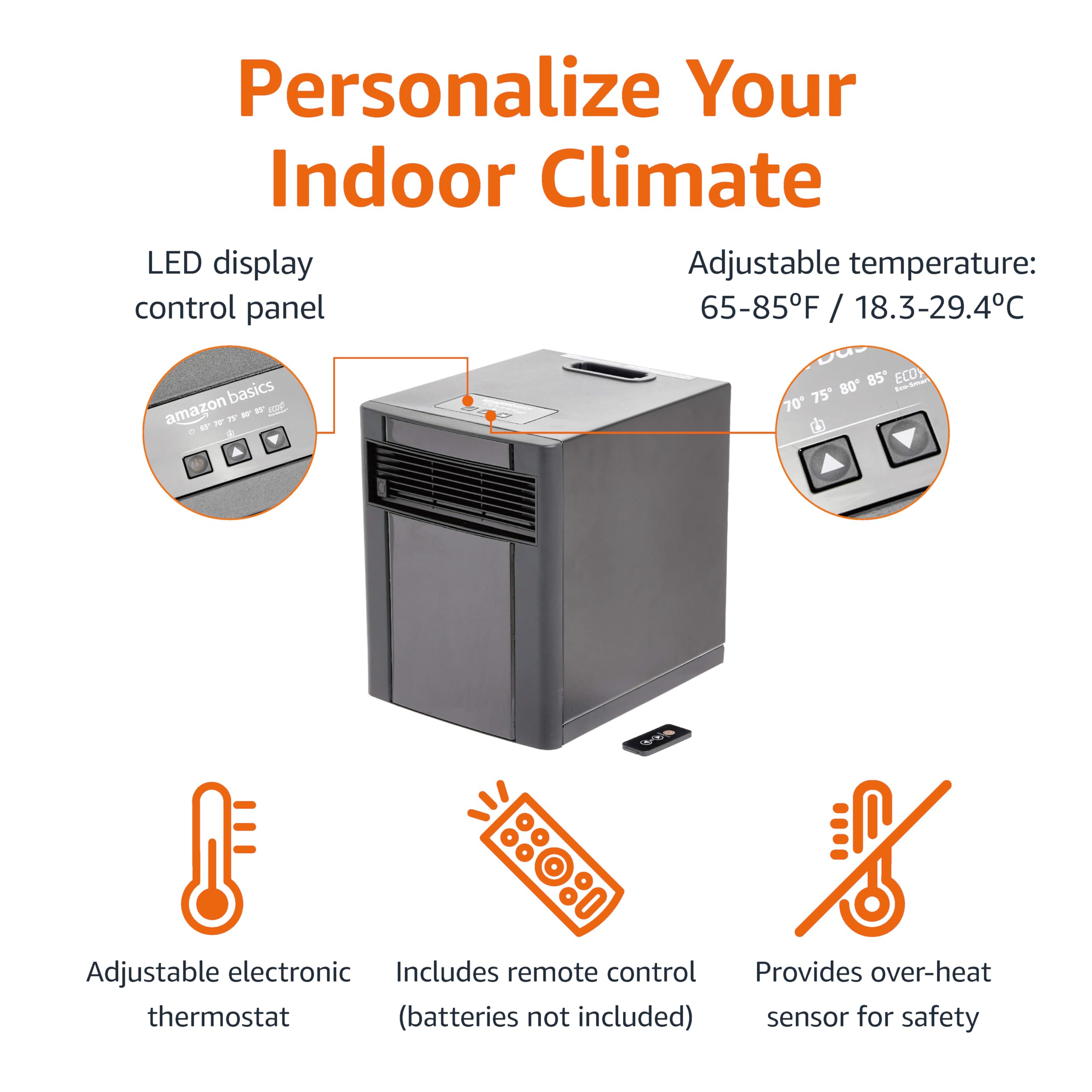 Amazon Basics 1500W Portable Space Heater with Remote Control - Adjustable Thermostat, LED Display & ECO Mode - Compact 11.4x14.5x14.7 Inch Black Heater for Bedroom, Office & Small Spaces
