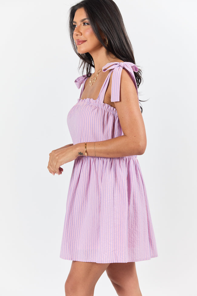 Easy Living Pink and Purple Tie Shoulder Striped Mini Dress for Women - Summer Casual Party Outfit, Beach Vacation, Date Night & Special Occasions