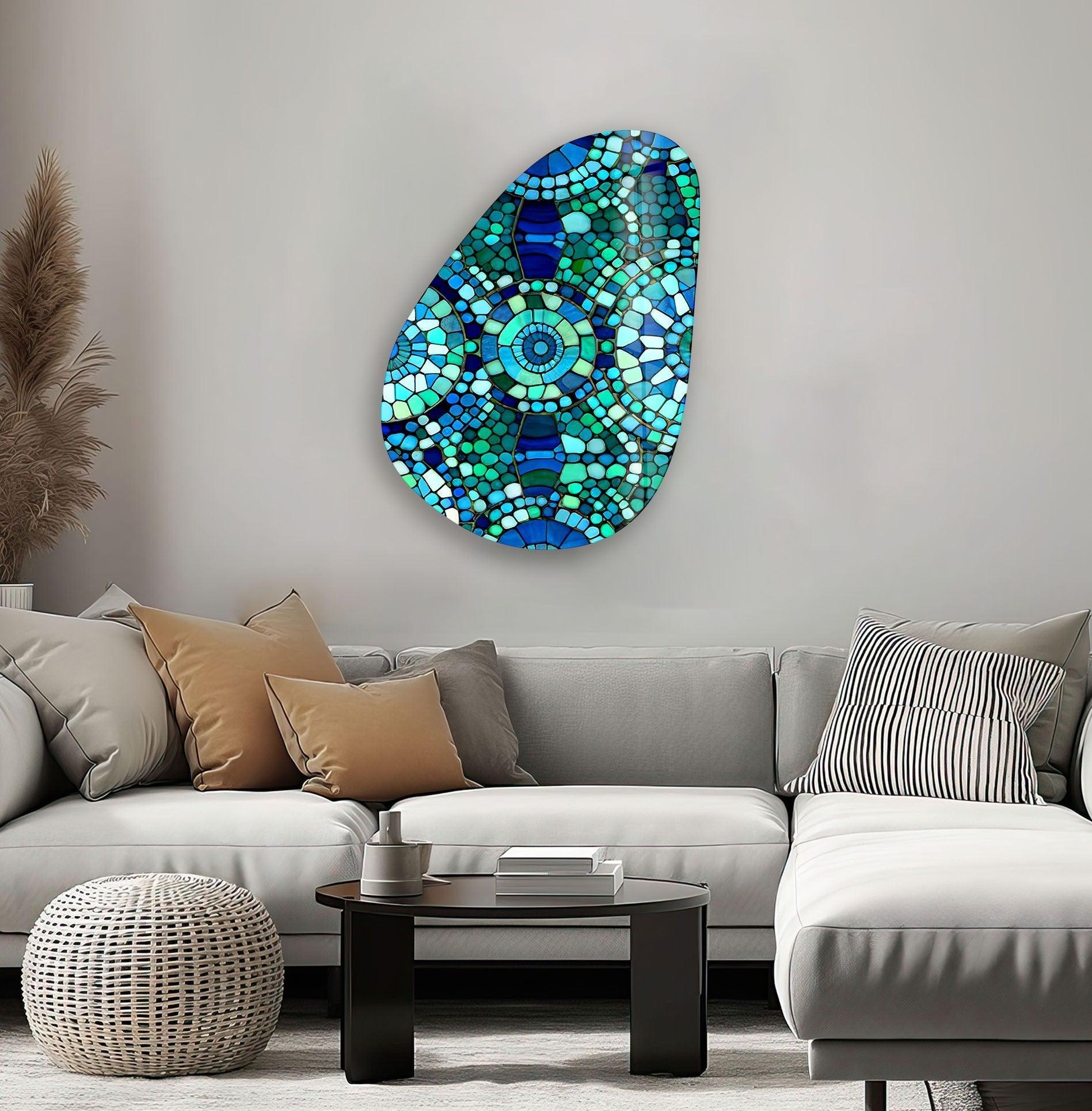 Asymmetrical Oval Green Mosaic Design Glass Wall Art - Handmade Modern Home Decor for Living Room, Bedroom, Office - Perfect for Bohemian & Contemporary Interior Design Styles
