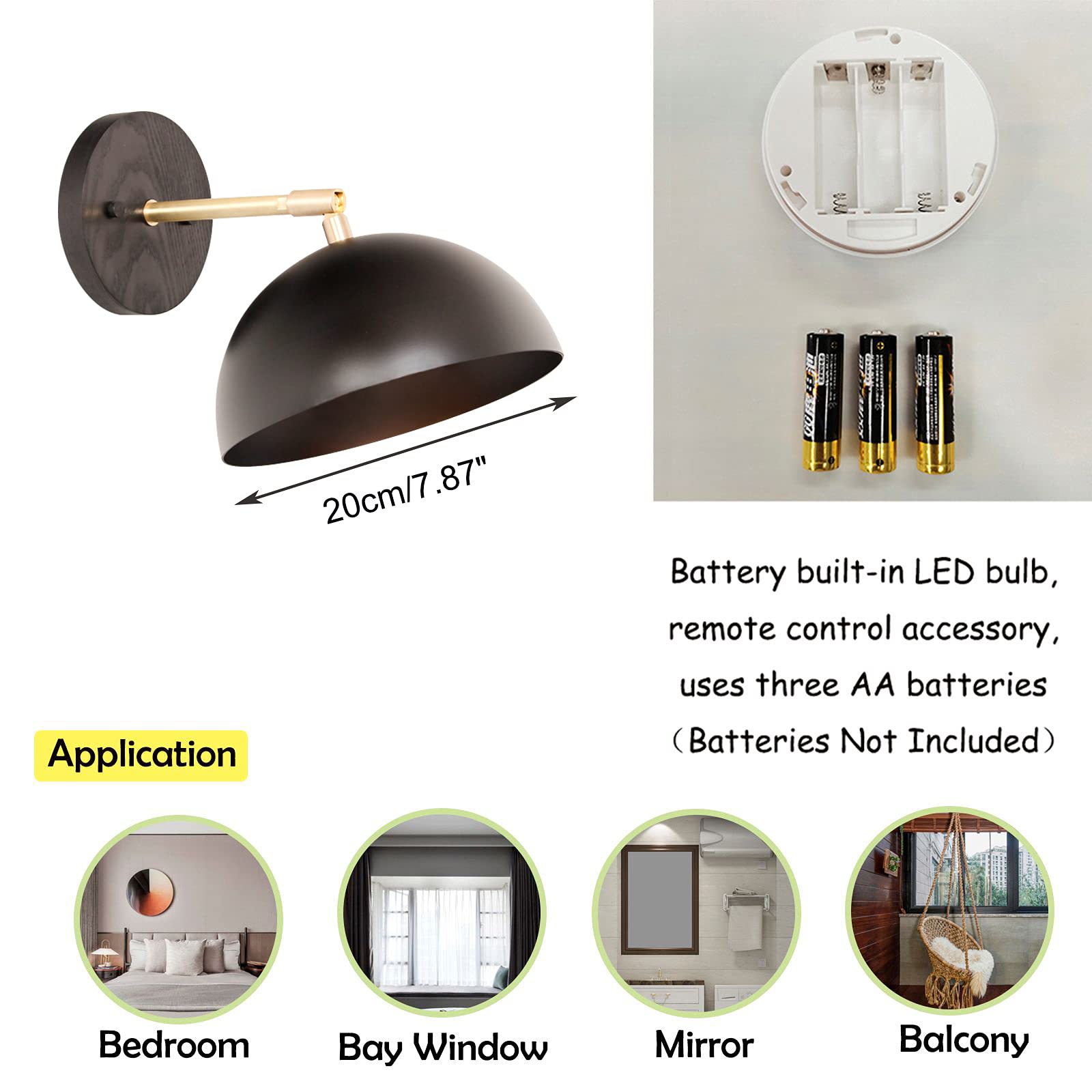 2-Lights Battery Operated 55 Lumens LED Wall Sconce with Remote Control - Dimmable, Wireless, Black Metal Semi-Circle Modern Design - Easy Installation for Corridor, Loft, Bedroom, Living Room, and Hallway Lighting