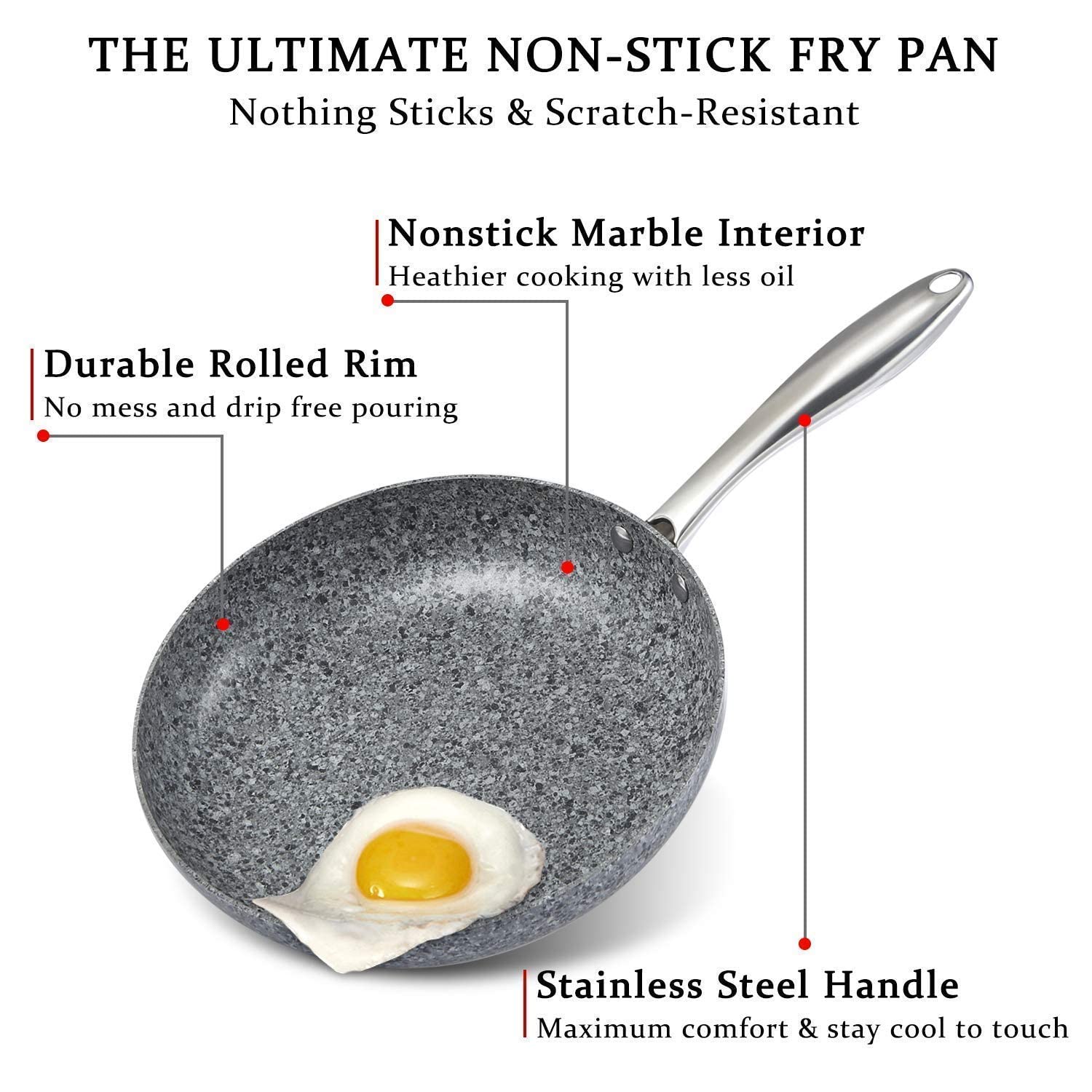 MICHELANGELO 8, 10 & 12 Inch Nonstick Frying Pan Set with Lid - Granite Stone Skillet Cookware with Stone-Derived Coating | Perfect for Searing, Sauteing & Everyday Cooking