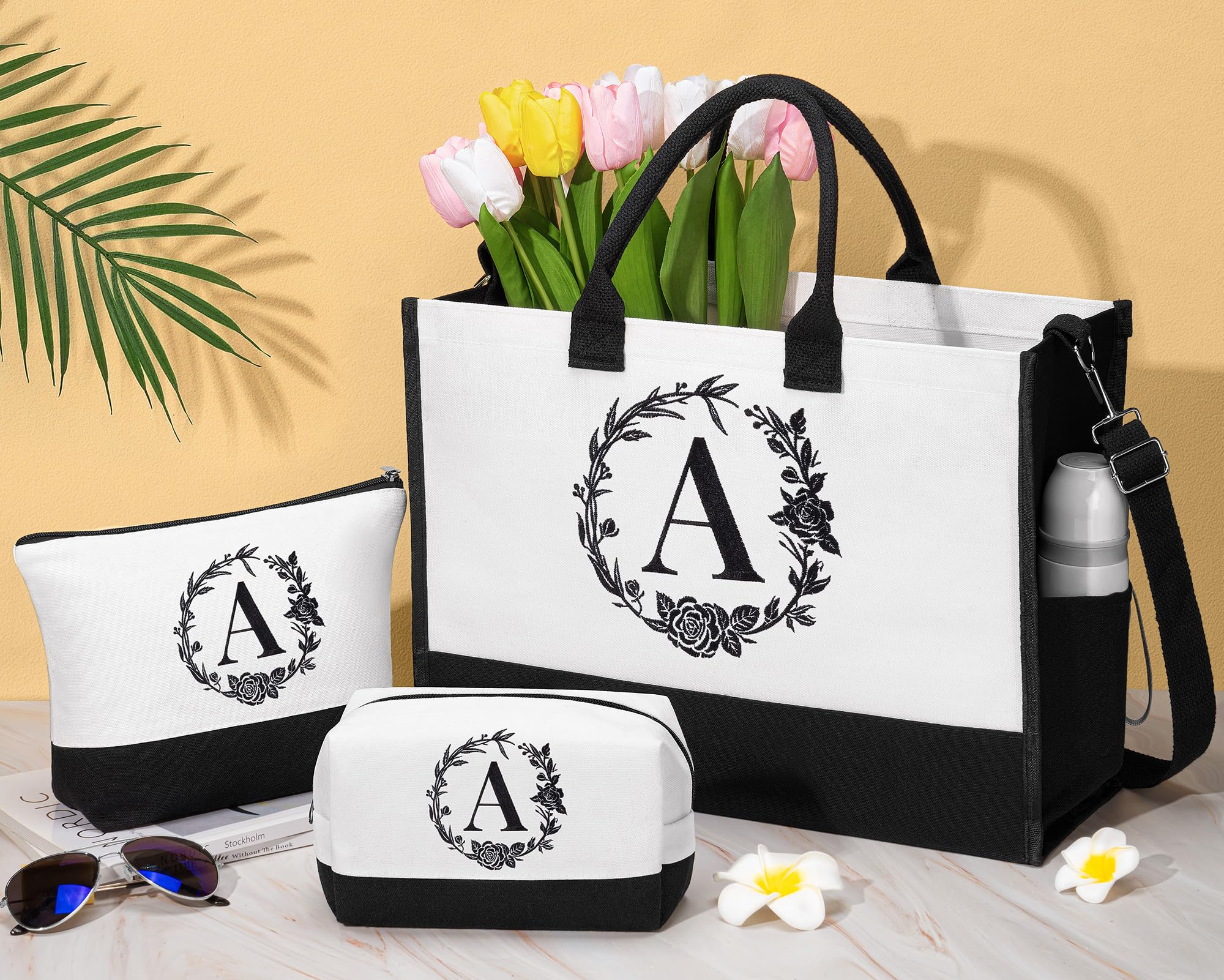 Personalized Monogrammed Canvas Tote Bag & Makeup Bag - Custom Initial Beach Tote for Women | Valentine's Day, Birthday Gift for Her, Girlfriend, Wife, Mom, Sister, Daughter | Perfect for Travel, Shopping & Beach Outings