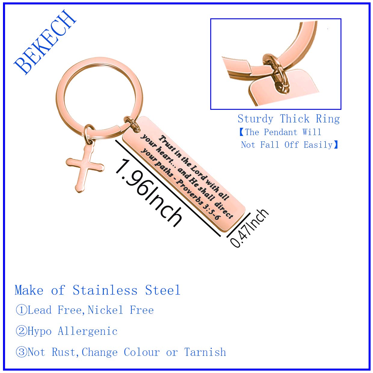 BEKECH Christian Keychain - Trust in The Lord Proverbs 3:5-6 Bible Verse Cross Charm, Religious Jewelry Gift for Baptism, Confirmation & Daily Inspiration (Ideal for Church Events & Spiritual Encouragement)