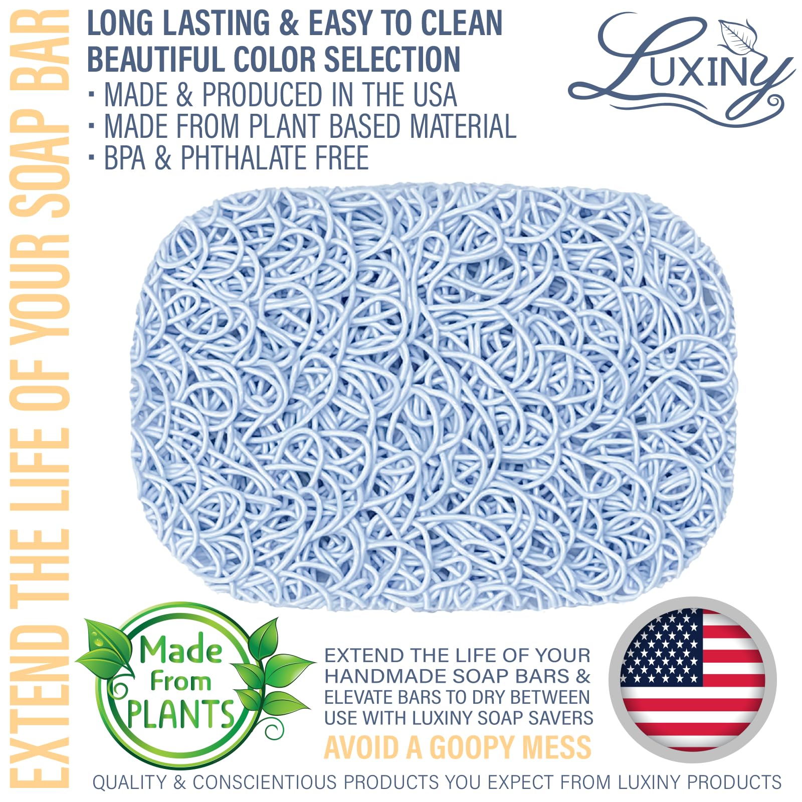 Luxiny Plant-Based Soap Saver & Shampoo Bar Holder - American Made, Extends Soap Life, Fits All Soap Dishes & Shower Holders (Sky Blue) - Perfect for Bathroom, Shower & Travel Use