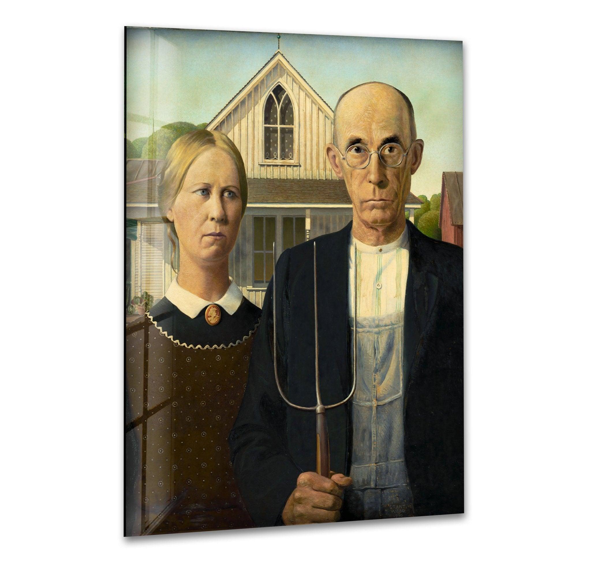 American Gothic by Grant Wood - Stained Glass Wall Art Decor for Home, Office & Gifts - Vintage Gothic Window Panel for Living Room & Church Decor