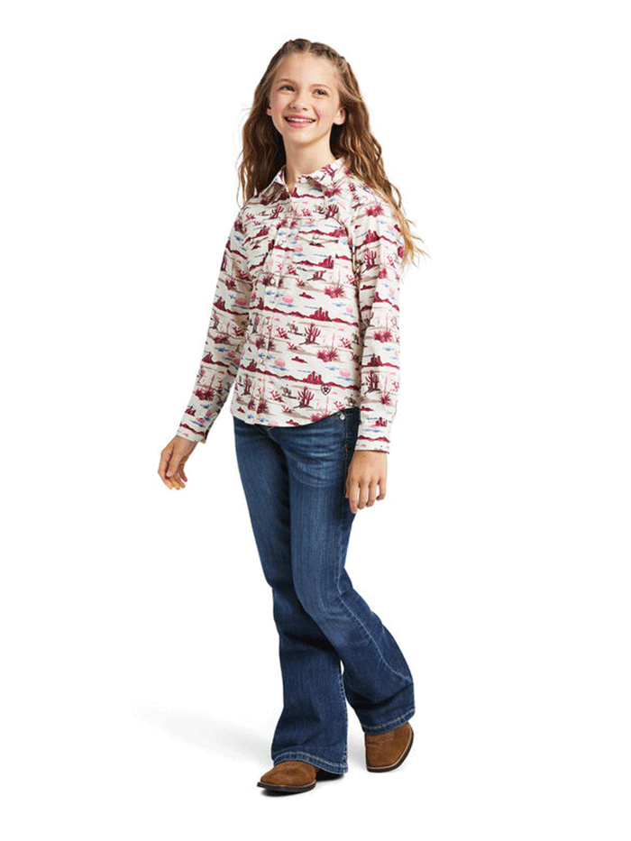 Ariat 10039507 Girls Long Sleeve Snap Shirt with Yuma Landscape Print - Perfect for School, Outdoor Adventures & Western Wear