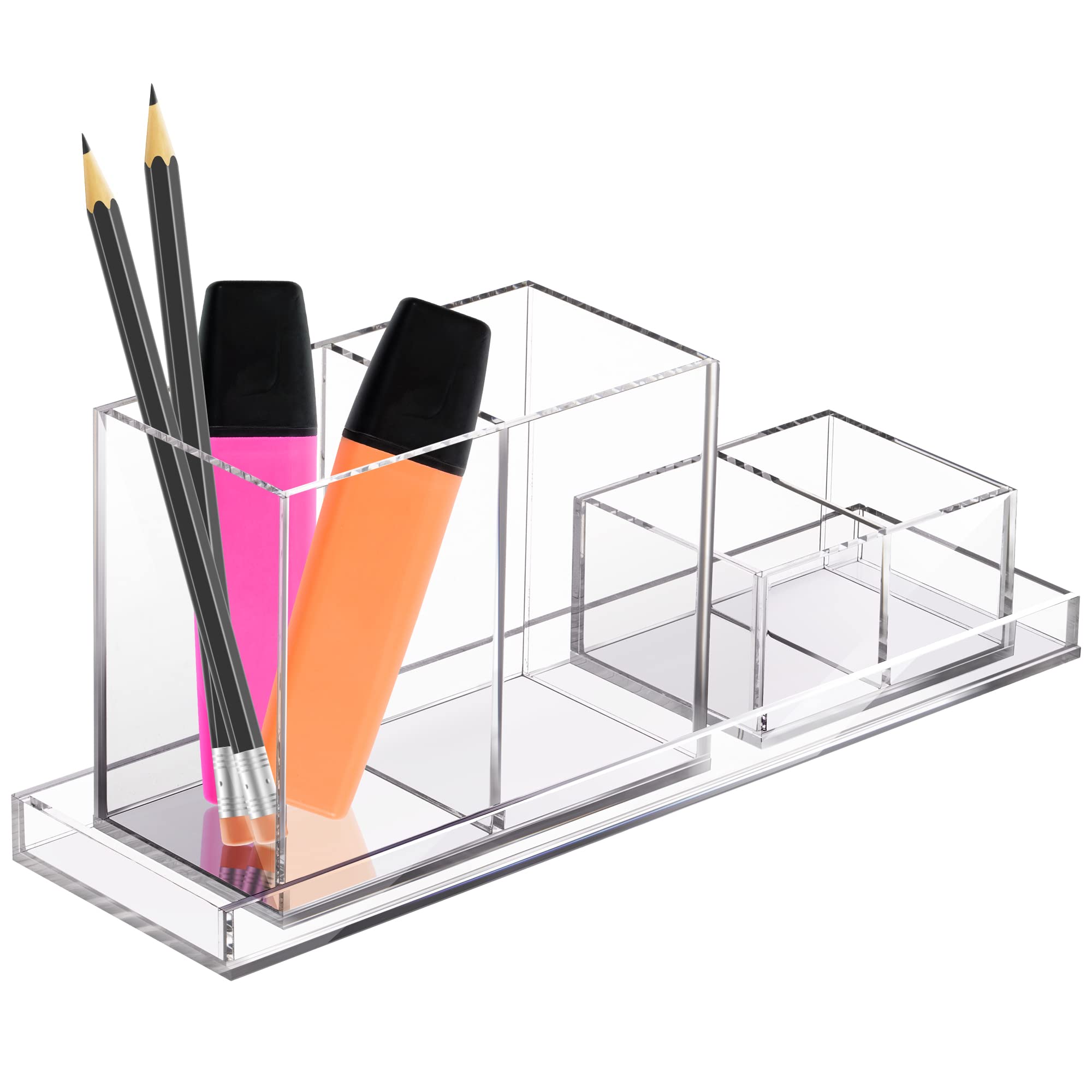 Elavain Clear Acrylic Desk Organizer with 4 Compartments - Office Supplies Holder, Makeup Brush Cup & Desk Accessories Tray | Perfect for Home Office, Workspace & Vanity Organization