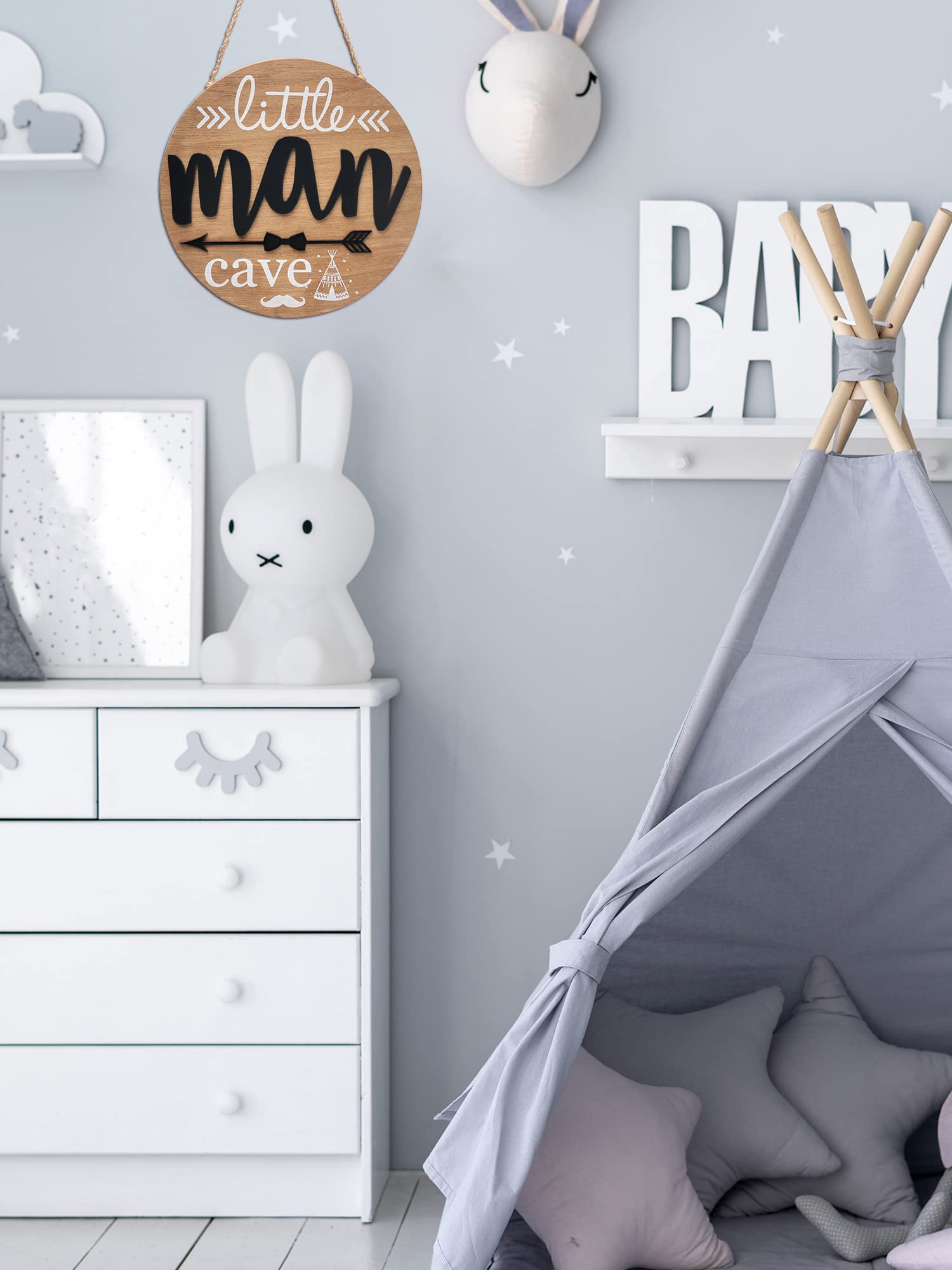 Little Man Cave Wooden Circle Door Sign - Woodland Nursery Decor for Boys, Baby & Toddler Room - Kids Bedroom & Living Room Wall Hanging Decor - Perfect for Baby Showers, Birthday Gifts & Nursery Themes