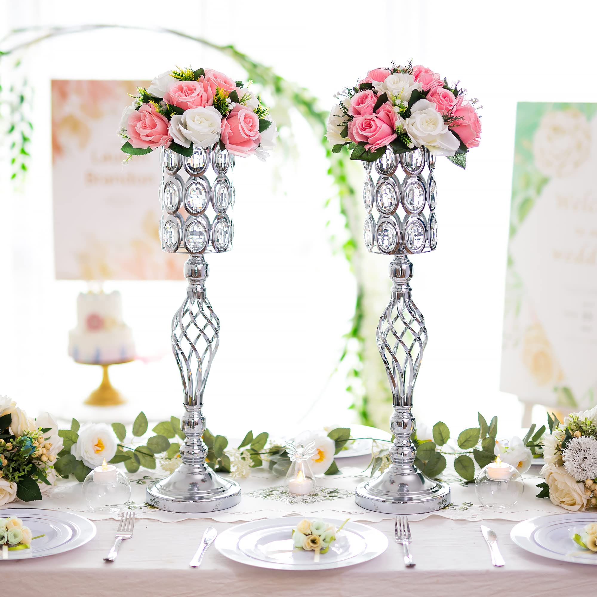 10-Pack Silver Metal Vases for Wedding Centerpieces - Tall Crystal Beaded Flower Stands for Tables, Birthday Parties & Home Decor | Elegant Event Decoration for Weddings, Anniversaries & Special Occasions