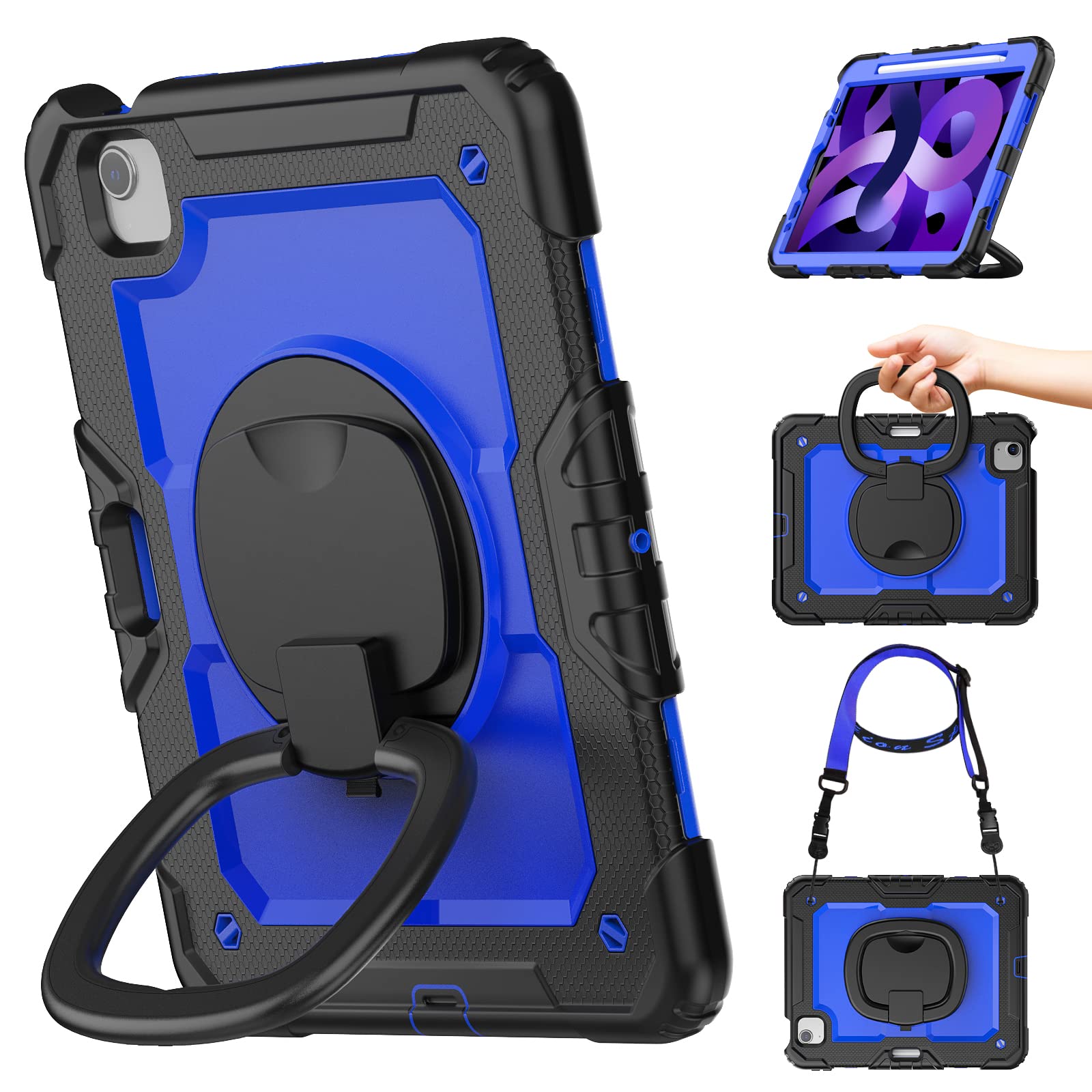 Premium iPad Air 5th/4th Generation Case 10.9 inch - Heavy Duty Protective Cover with Built-in Screen Protector, Rotating Stand, Pencil Holder & Adjustable Shoulder Strap (Dark Blue) - Perfect for Work, Travel & School Use