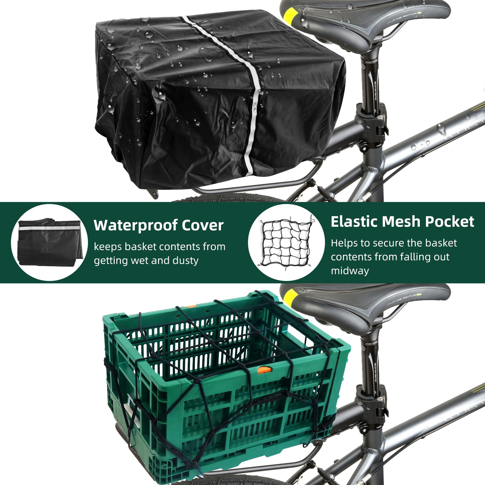 Foldable 35L Large Capacity Rear Bike Basket with Waterproof Cover - Durable Bicycle Cargo Carrier with Fixed Mesh & Reflective Stickers - Perfect for Commuting, Grocery Shopping & Outdoor Adventures