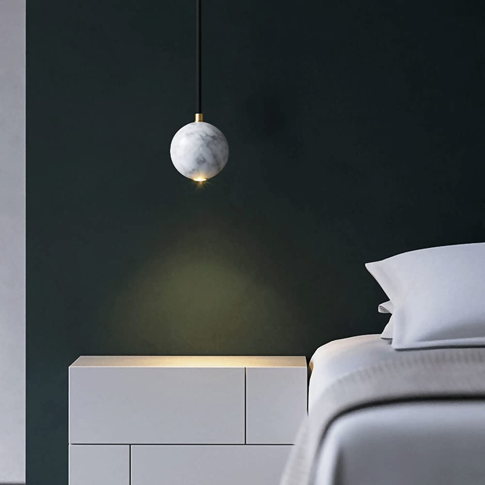 Modern LED Chandelier with Marble Pendant & Round Ball-Shaped Lampshade - Adjustable Copper Hanging Light Fixture for Dining Room, Living Room, and Bedroom Ceiling Lighting