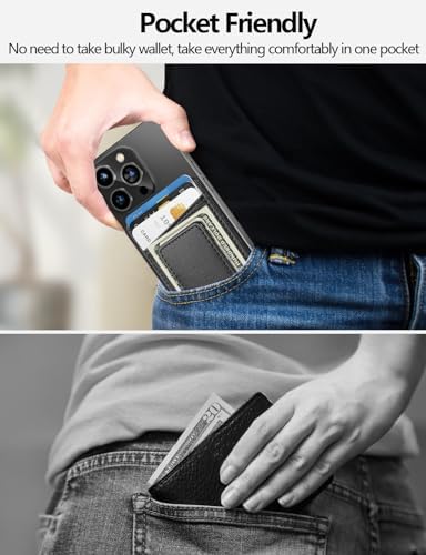 Magnetic Leather Wallet Card Holder for iPhone 16/16 Pro/15/14/13/12 Series - Slim RFID Blocking Wallet Case with Strong Magnet - Perfect for Everyday Use, Travel & Contactless Payments (Black)
