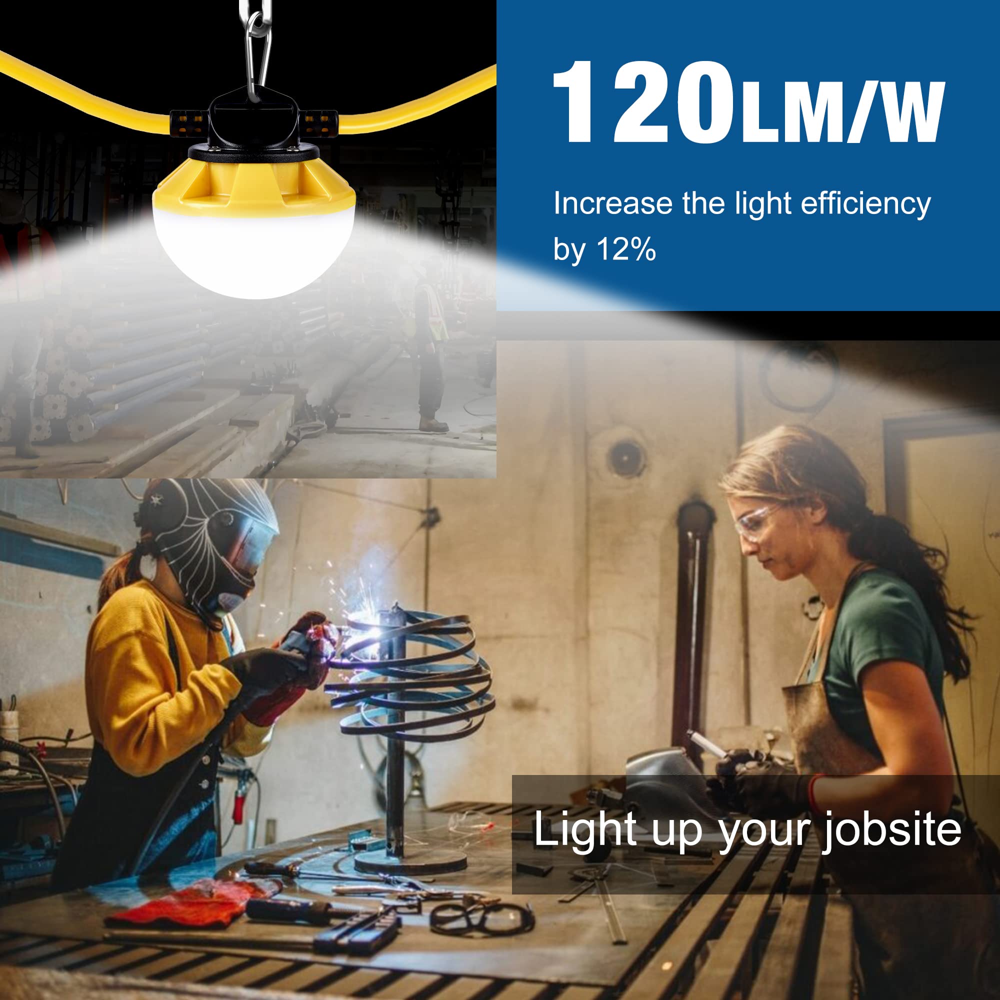 50FT Construction String Lights - IP65 Waterproof, ETL Certified LED Work Lights, 5000K Daylight, 18AWG Wire, Linkable Temporary Lighting for Jobsite with 5 Bulbs & Hooks - Perfect for Construction Sites, Backyard Parties, and Outdoor Events