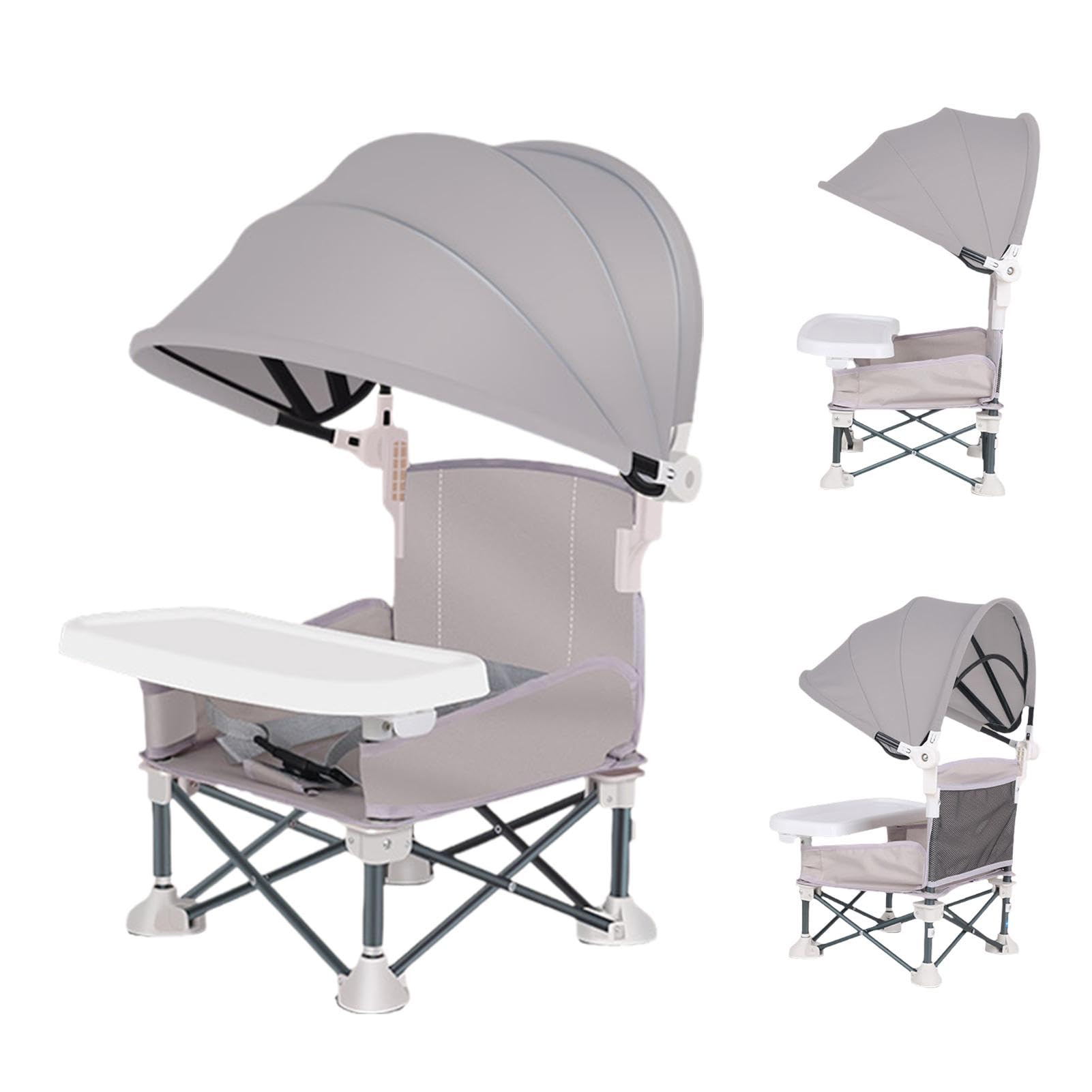 Portable Baby Travel Booster Seat with Tray & Sunshade - Foldable Dining Chair for Camping, Beach, Picnic & Outdoor Activities | Baby Sun Canopy Seat for Toddlers | High Chair for Home & Restaurant Use