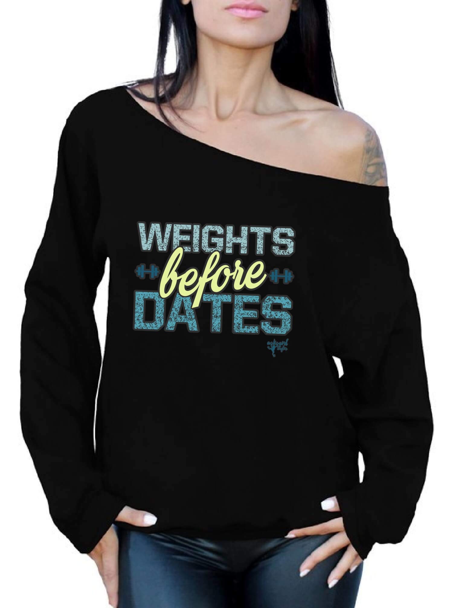 Awkwardstyles Weights Before Dates Off Shoulder Oversized Sweatshirt - Trendy Women's Pullover with Bookmark Gift - Perfect for Gym, Date Night & Casual Outfits
