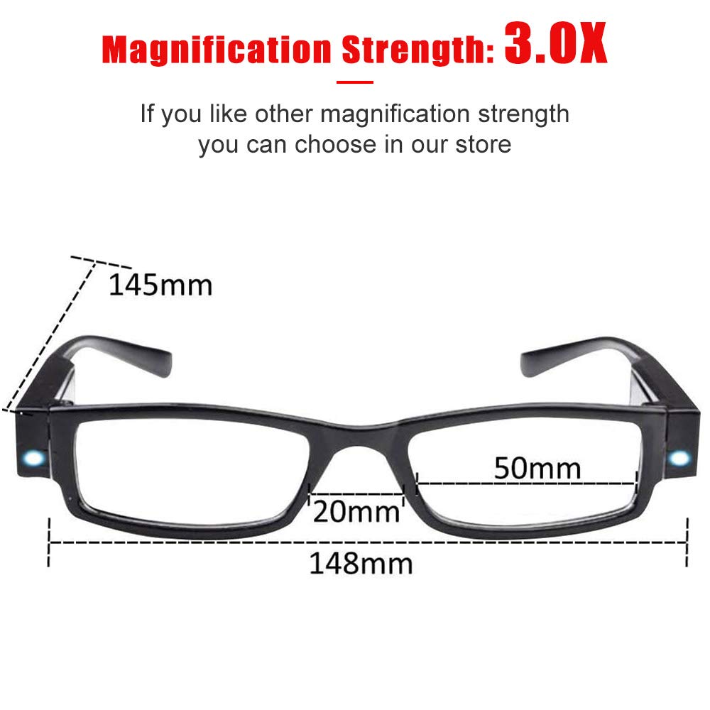 LED Reading Glasses with Lights - Fashionable Magnifying Eyewear for Men & Women - Clear Vision Nighttime Readers with Full Frame & Compact Design - Perfect for Reading in Bed, Travel, or Low Light Conditions (+300)