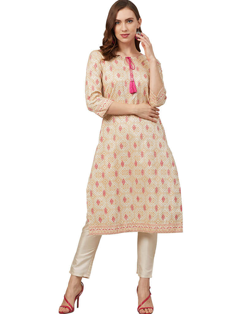 Stylish Beige Poly Silk Pant Kurti for Women - Elegant Indian Ethnic Wear for Festivals, Parties & Casual Outings