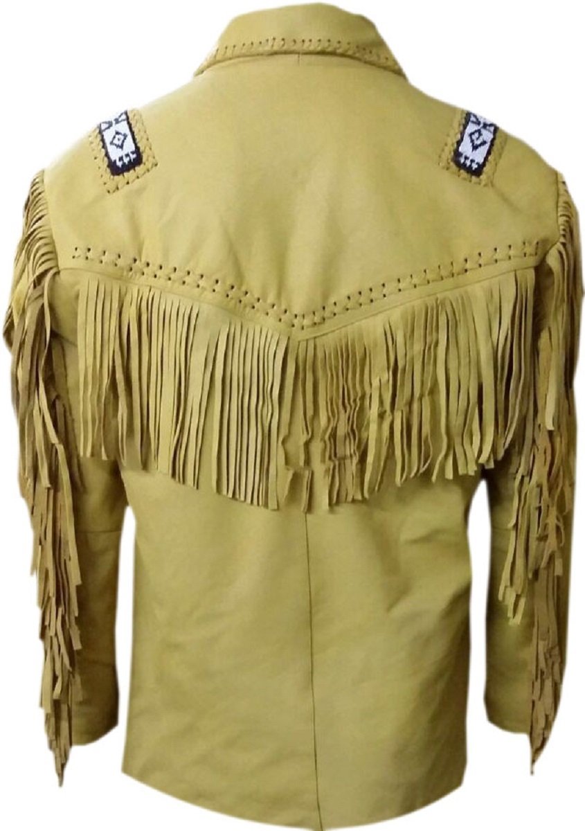 LEATHERAY Men's Western Cowboy Jacket - Fringed & Beaded Cow Leather Coat in Beige | Perfect for Rodeo, Country Music Festivals & Western Style Outfits